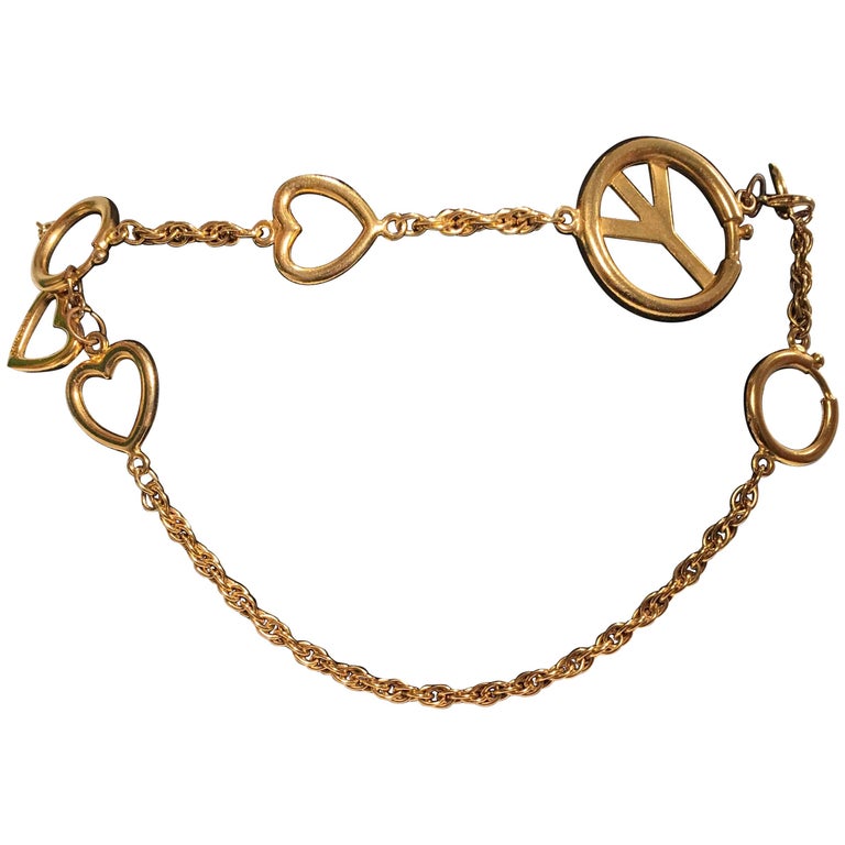 Moschino Peace Sign Gold Tone Metal Chain Belt For Sale at 1stdibs