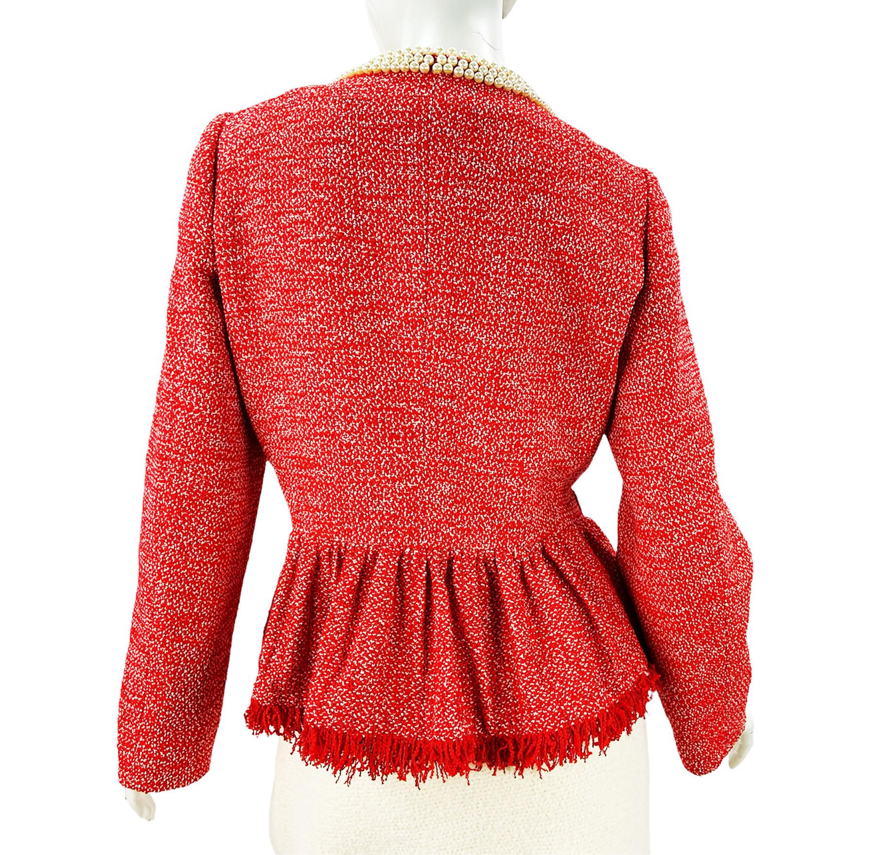Moschino Pearl Embellished Red Peplum Boucle Jacket Italian 46 - US 12 In Excellent Condition For Sale In Montgomery, TX