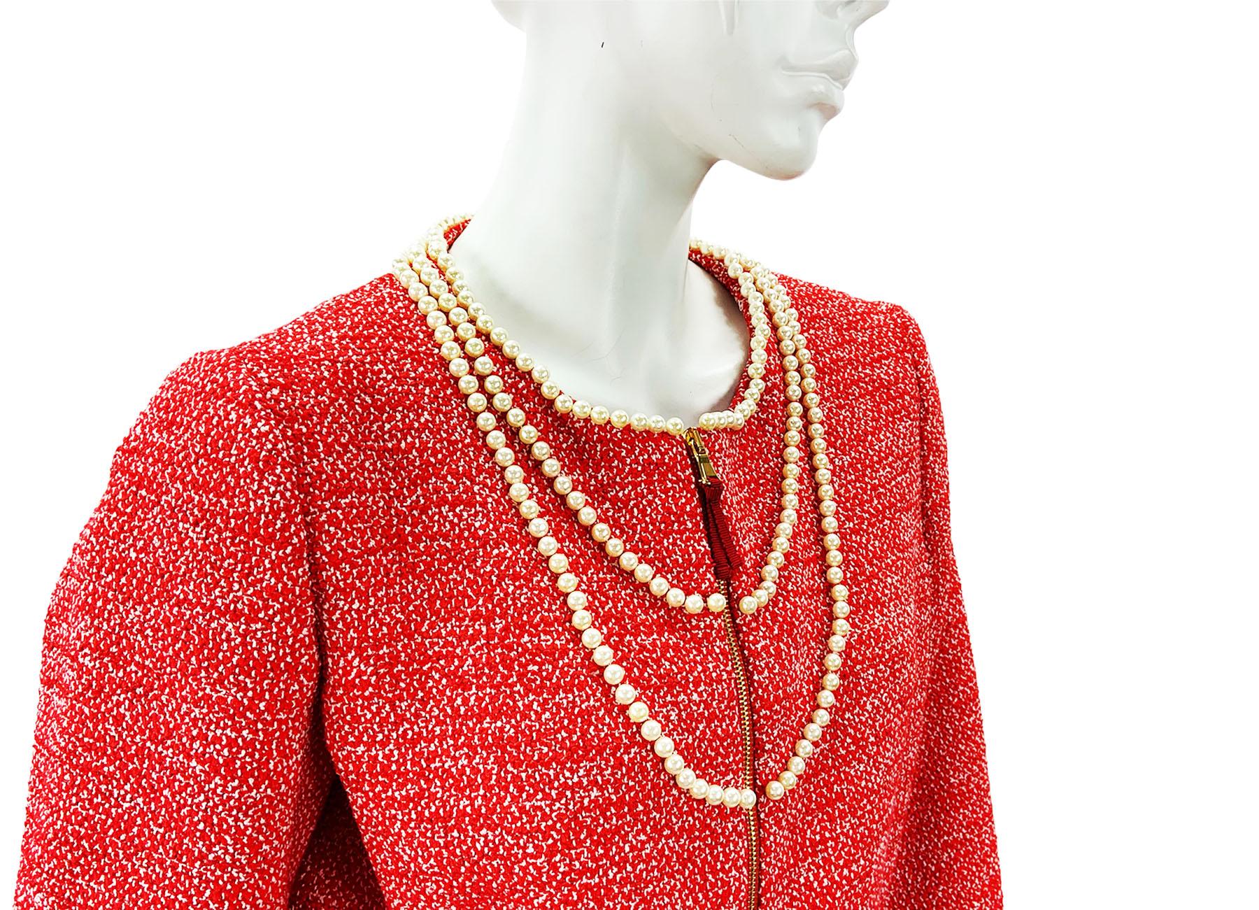Moschino Pearl Embellished Red Peplum Boucle Jacket Italian 46 - US 12 For Sale 1