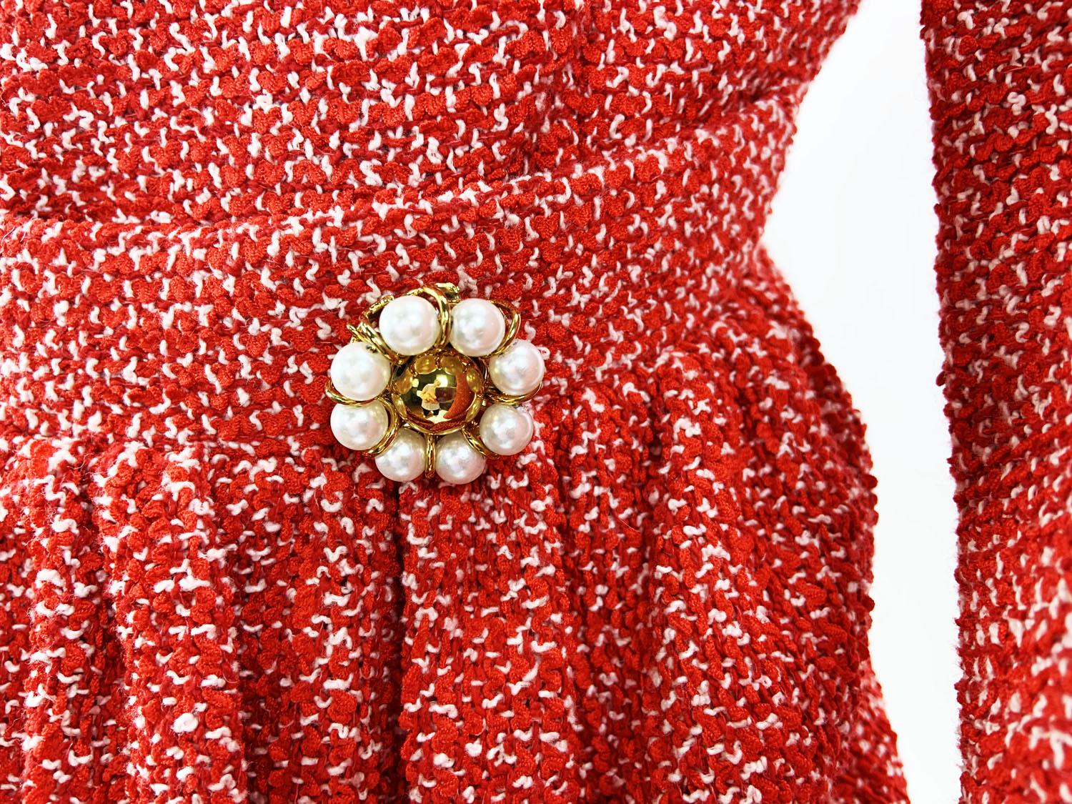 Moschino Pearl Embellished Red Peplum Boucle Jacket Italian 46 - US 12 For Sale 2