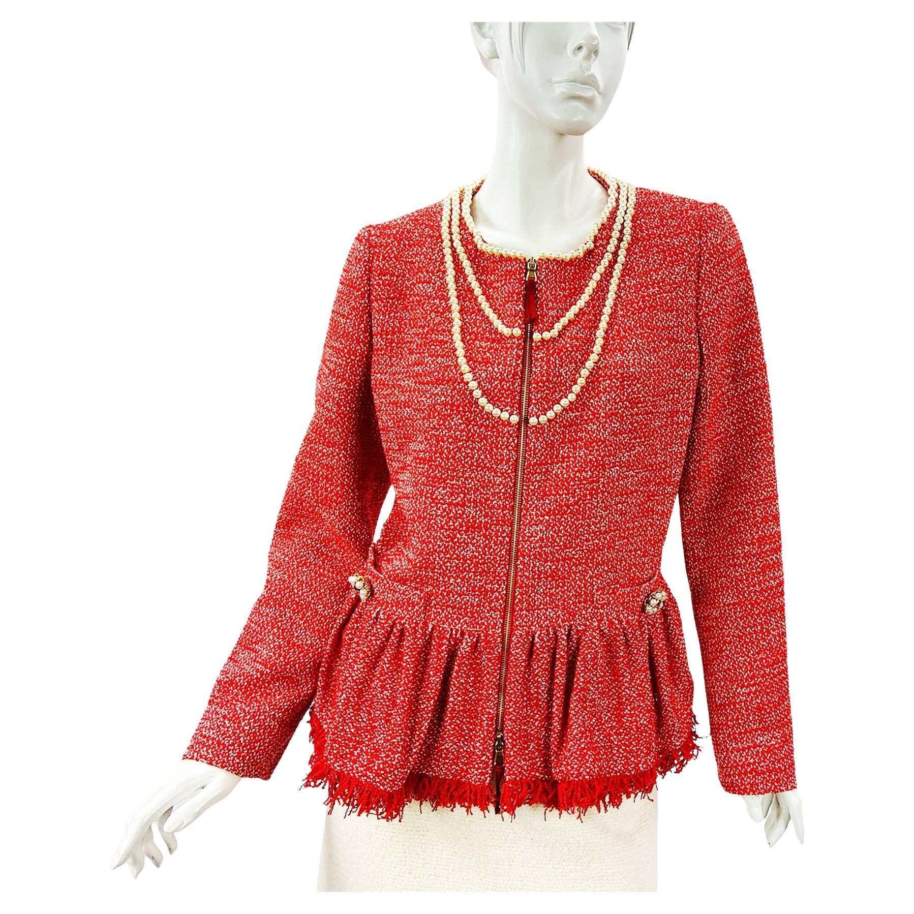Moschino Pearl Embellished Red Peplum Boucle Jacket Italian 46 - US 12 For Sale