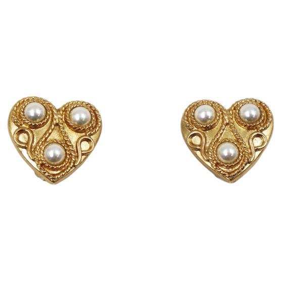 1990's MOSCHINO Pearl Heart Shape Clip On Earrings For Sale