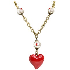 Moschino Pearl Heart Shape Pendant Gold Toned  Hardware Cable Chain Necklace 