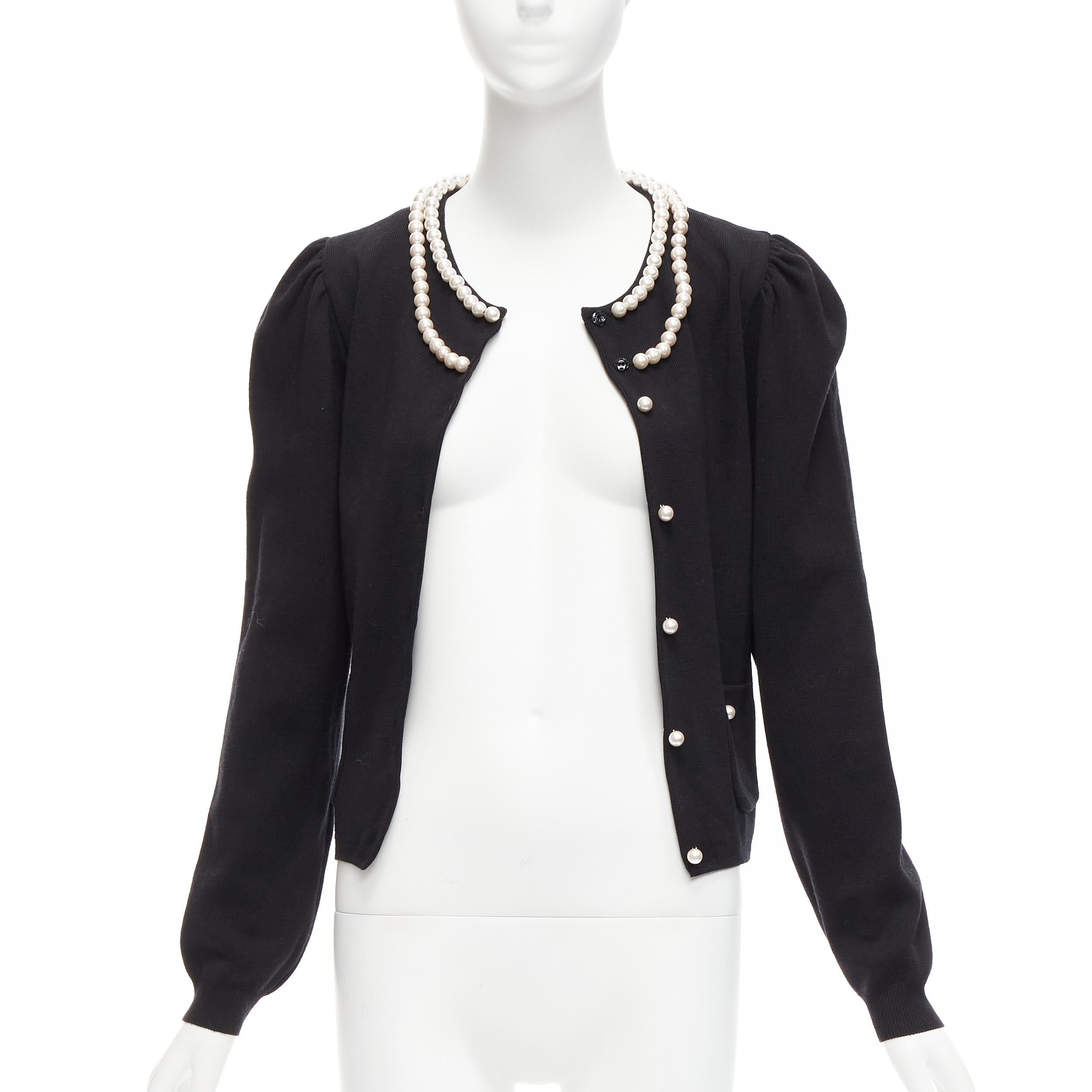 MOSCHINO pearl necklace collar black soft knit preppy cardigan IT40 S In Excellent Condition For Sale In Hong Kong, NT