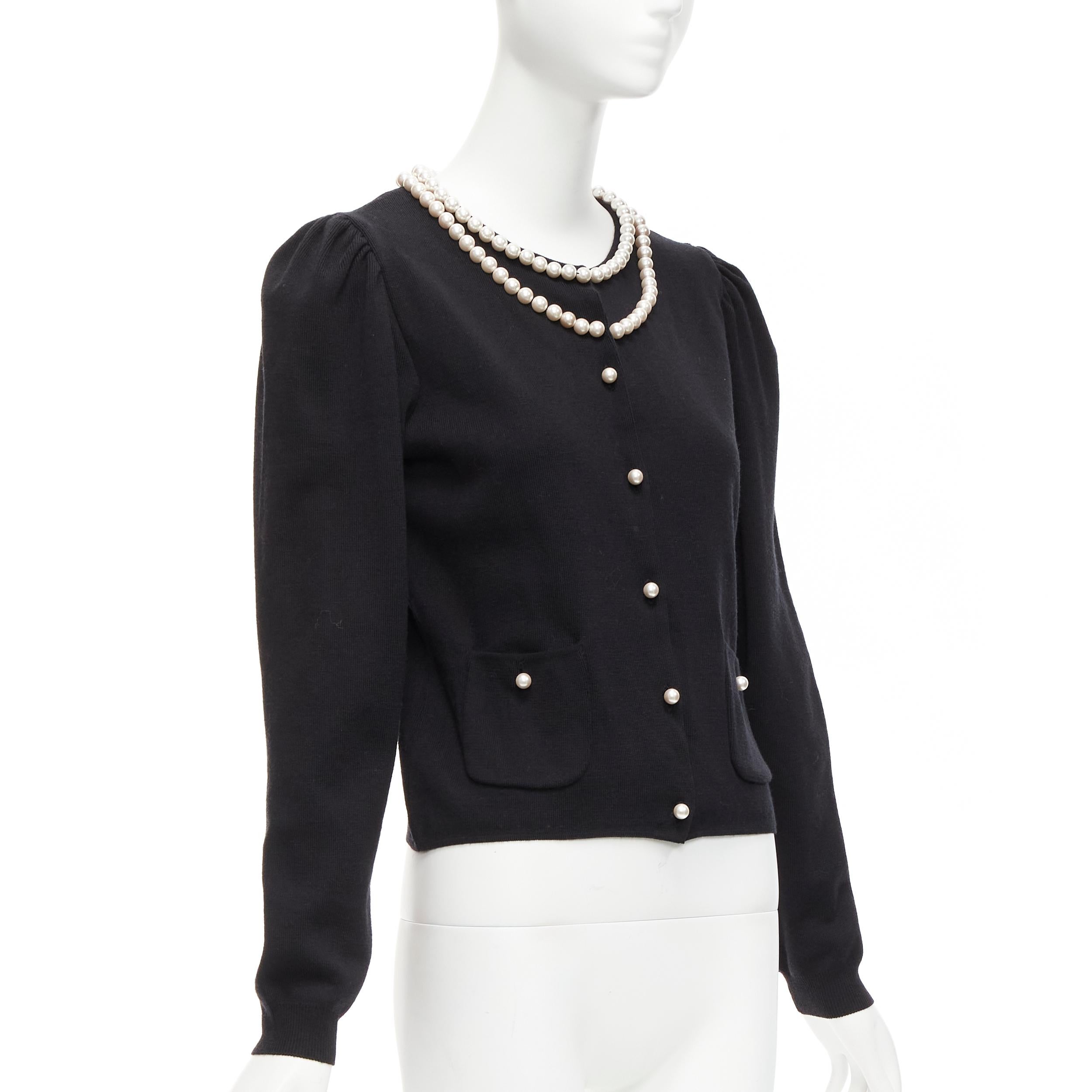 Women's MOSCHINO pearl necklace collar black soft knit preppy cardigan IT40 S For Sale