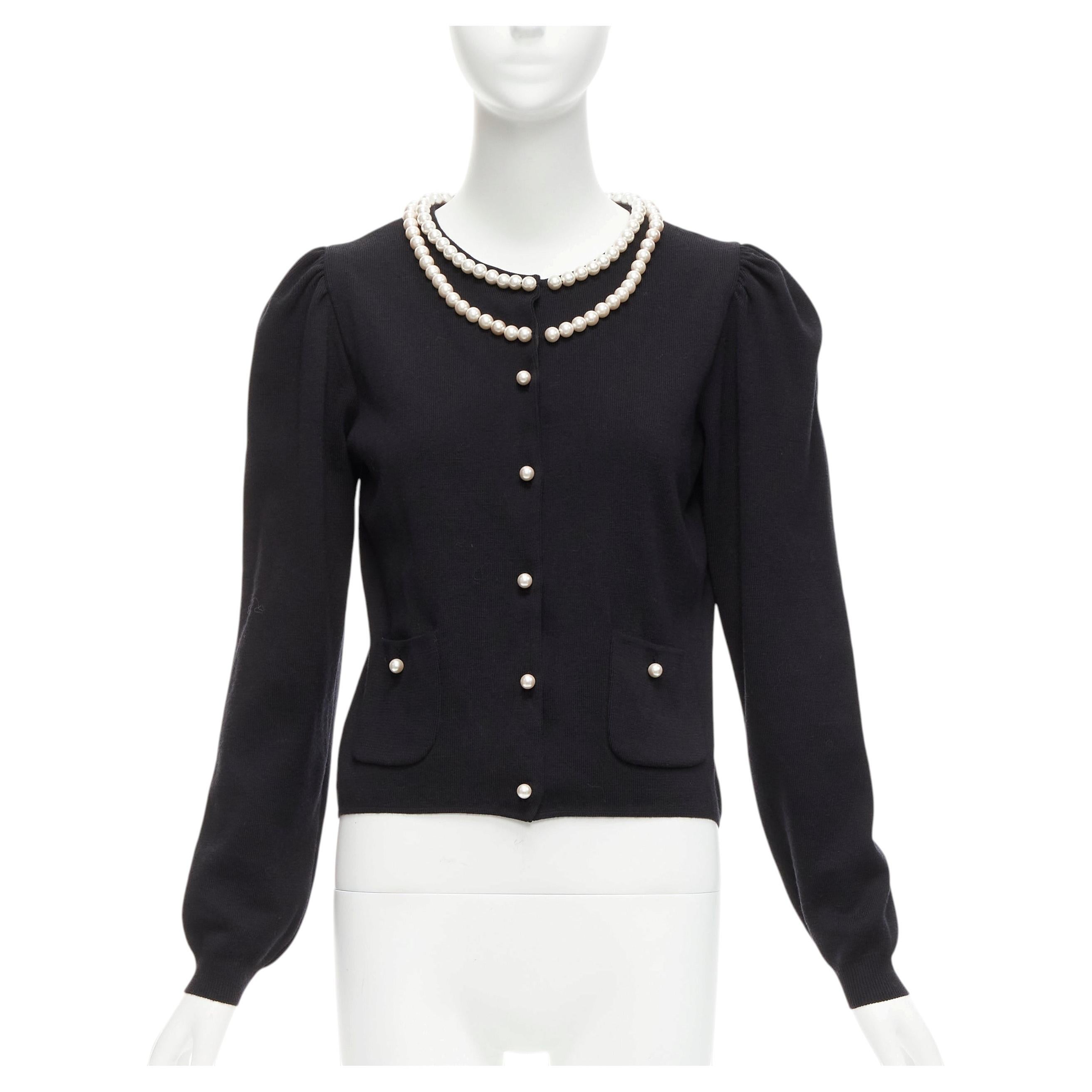 MOSCHINO pearl necklace collar black soft knit preppy cardigan IT40 S For Sale