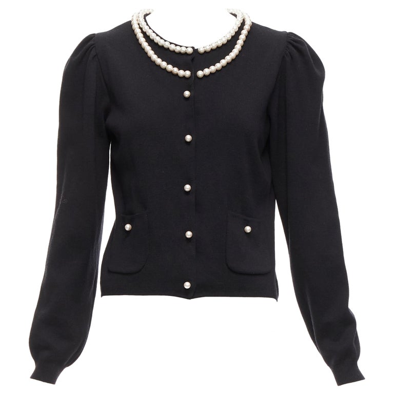 MOSCHINO pearl necklace collar black soft knit preppy cardigan IT40 S
