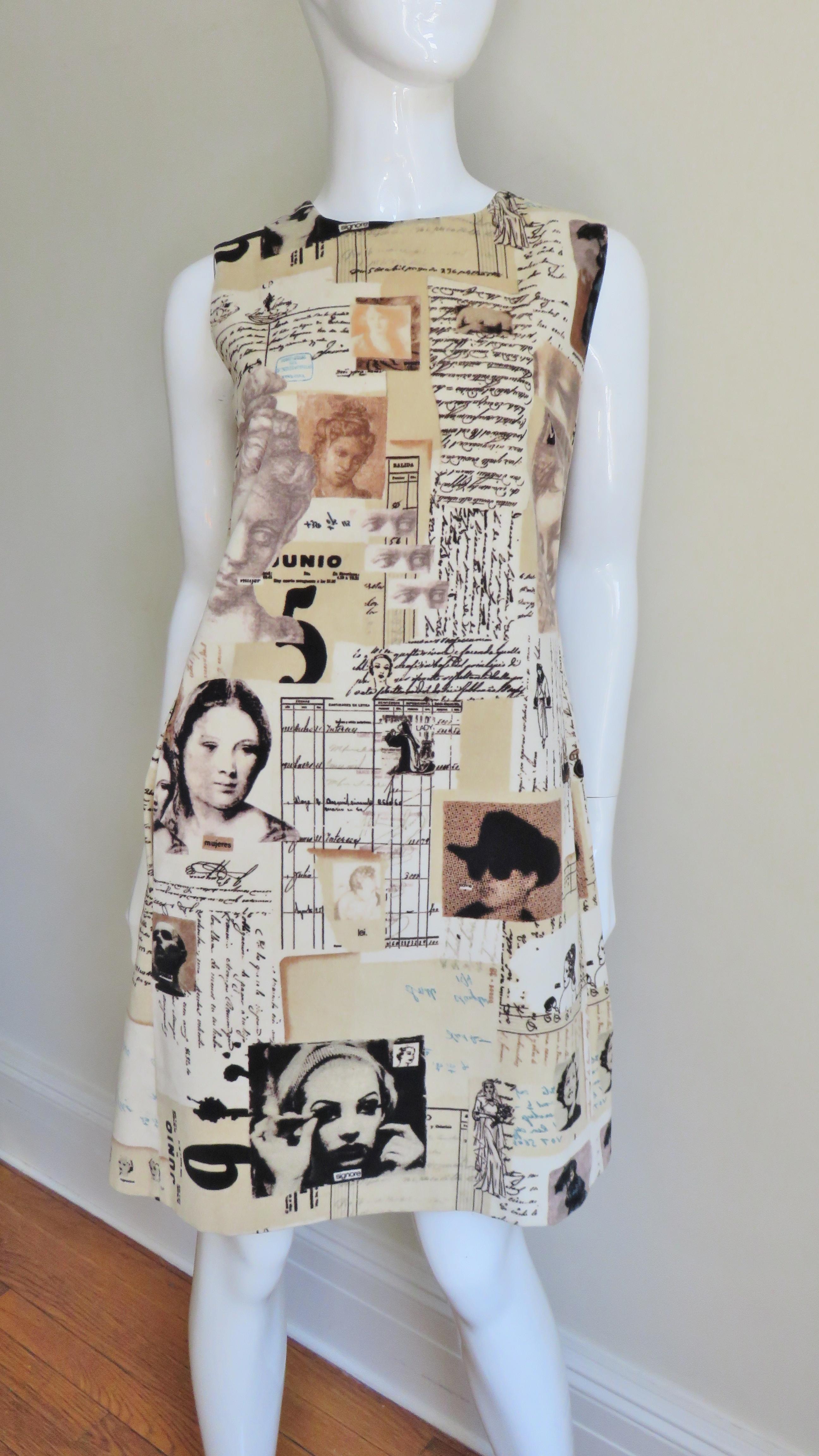 A gorgeous velvet dress by Moschino in an elaborate print of words and photos in beige, brown, and black.  The print is amazingly detailed with photo prints of silent screen stars, works of art, writings, numbers etc..  It is a simple sleeveless A