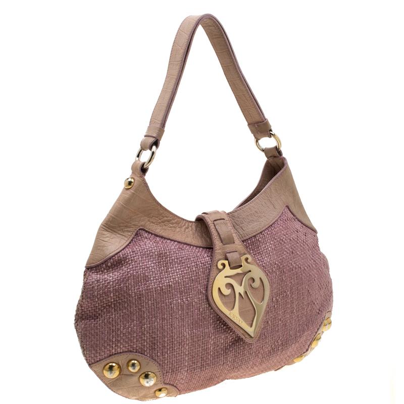 Moschino Pink/Beige Jute and Leather Hobo In Good Condition For Sale In Dubai, Al Qouz 2