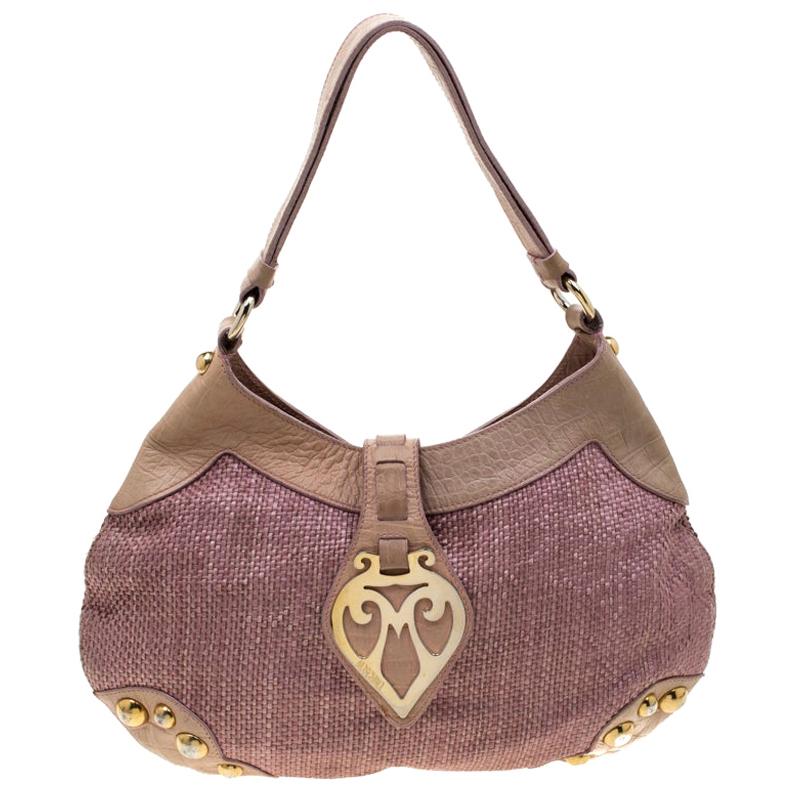 Moschino Pink/Beige Jute and Leather Hobo For Sale