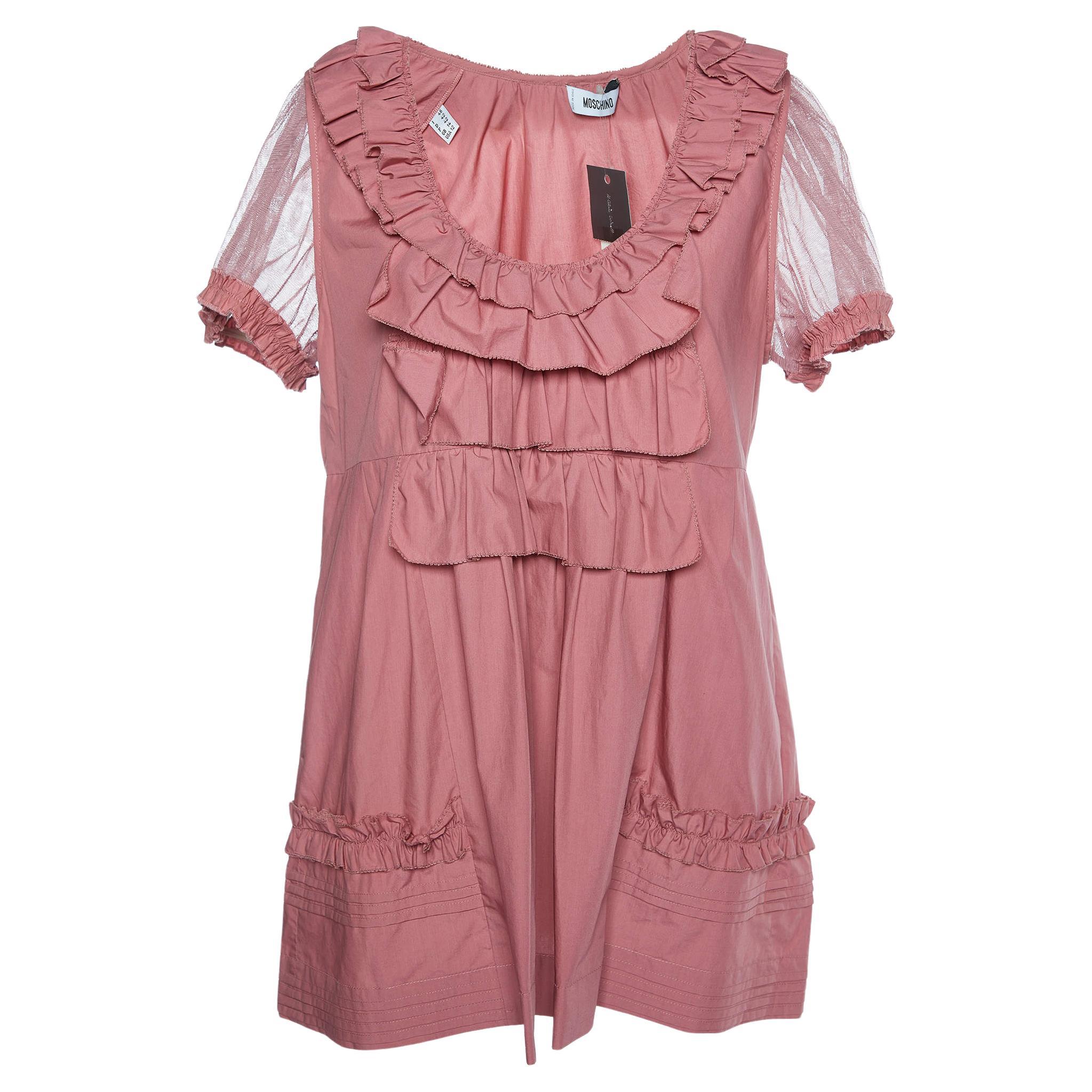 Moschino Pink Cotton Ruffle Detail Top L For Sale