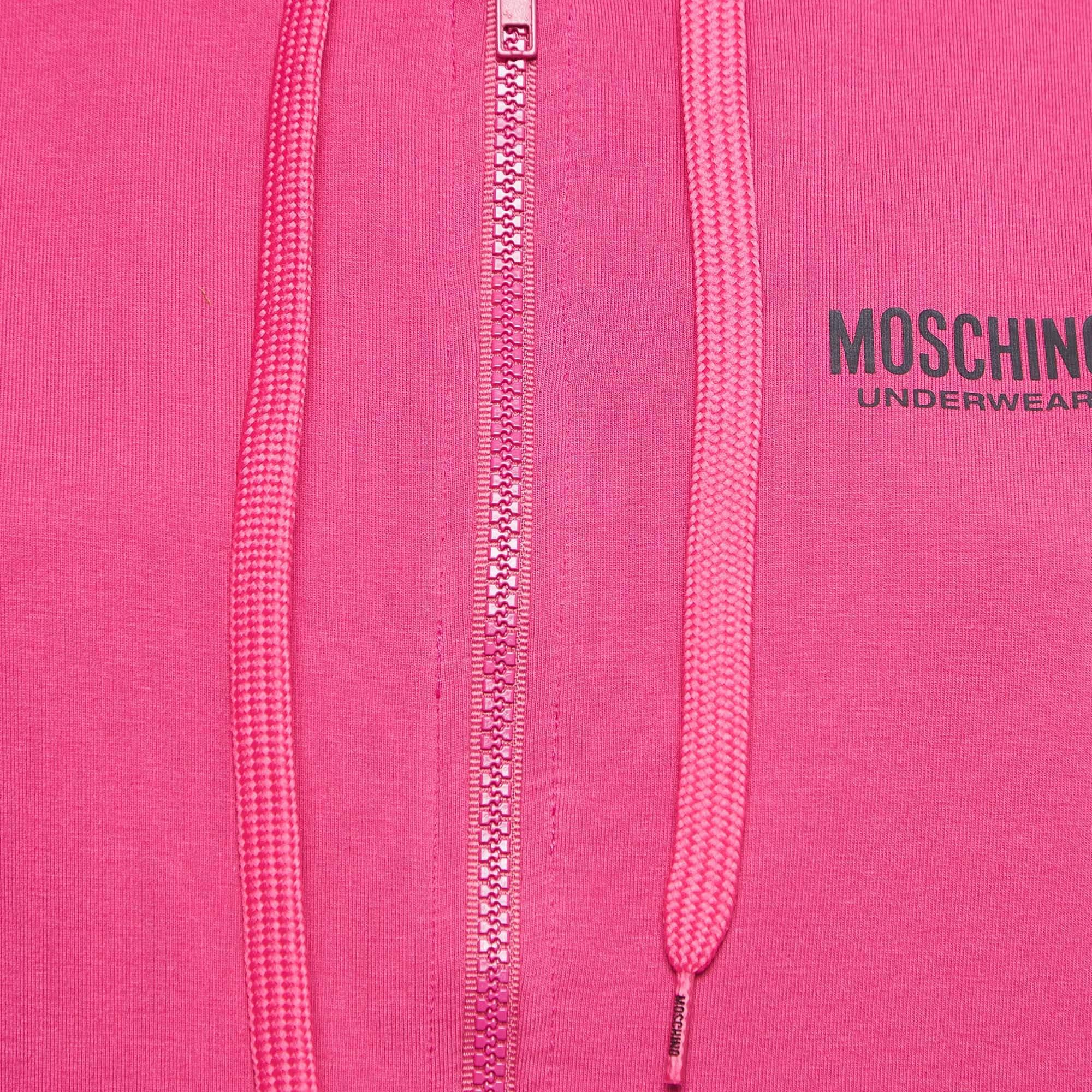 Moschino Pink Logo Print Cotton Zip Front Hooded Jacket S 1