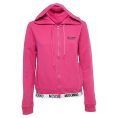 Vintage Moschino Pink Logo Print Cotton Zip Front Hooded Jacket S