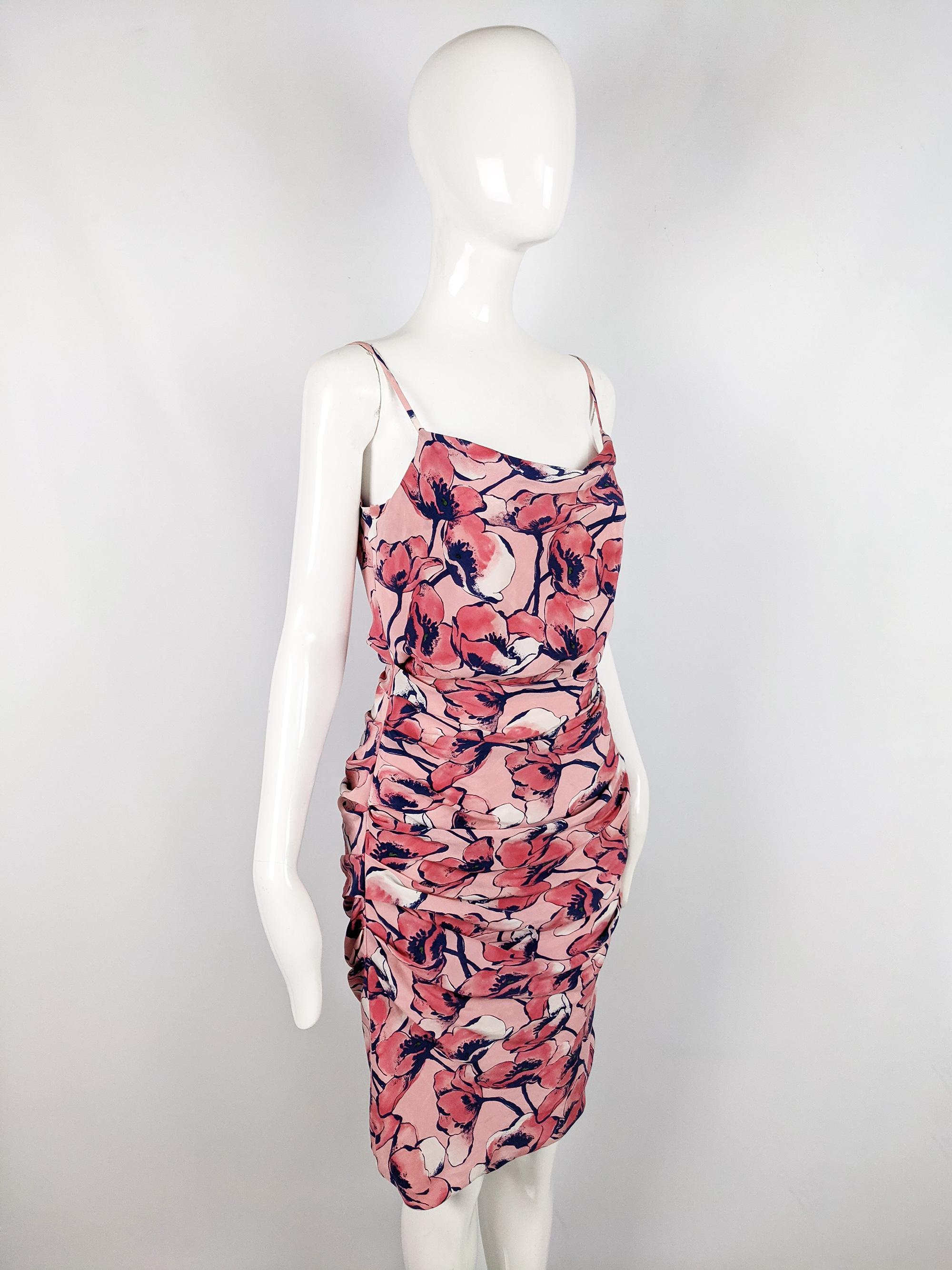 Brown Moschino Pink Silk Vintage Ruched Flower Print Sleeveless Party Dress, 2000s  For Sale