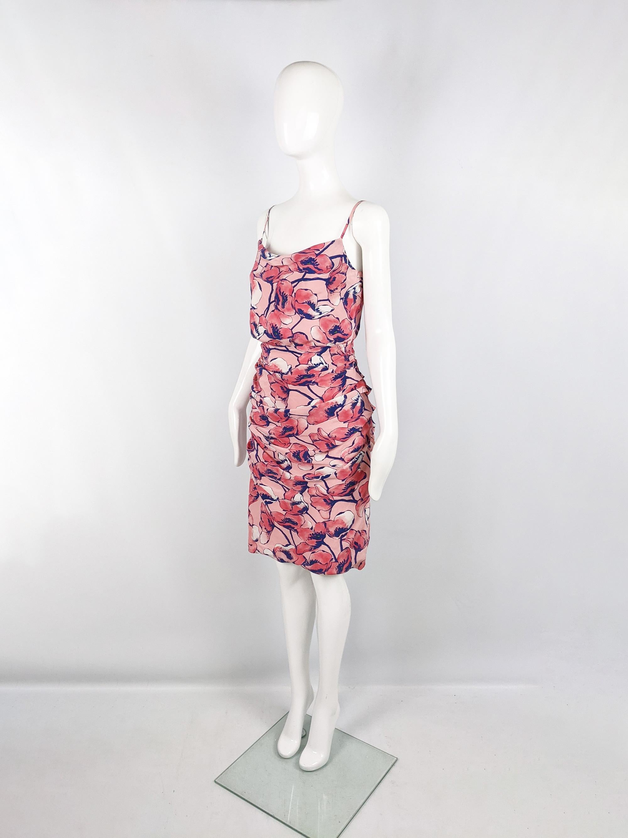 Moschino Pink Silk Vintage Ruched Flower Print Sleeveless Party Dress, 2000s  In Excellent Condition For Sale In Doncaster, South Yorkshire