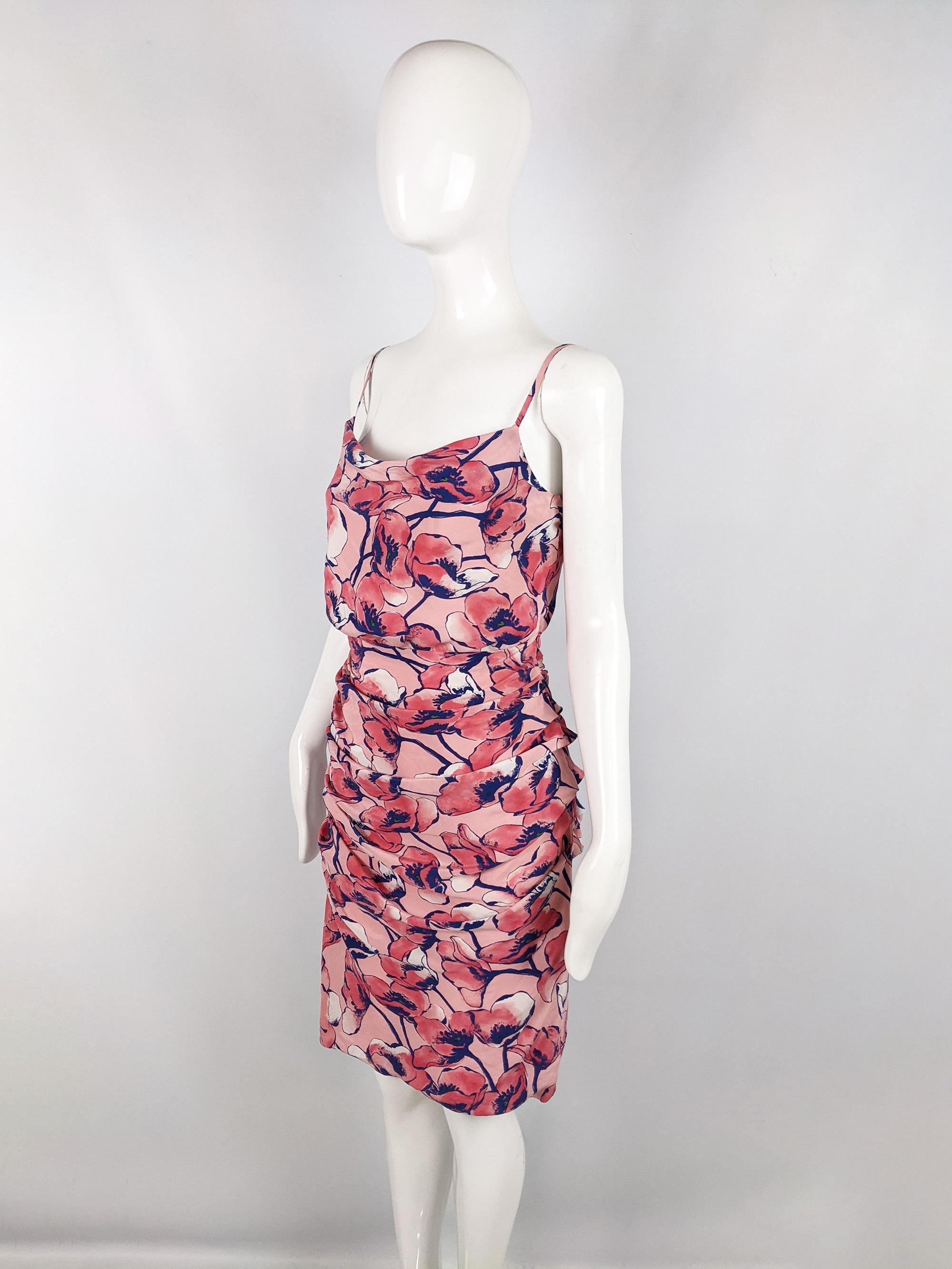 Women's Moschino Pink Silk Vintage Ruched Flower Print Sleeveless Party Dress, 2000s  For Sale