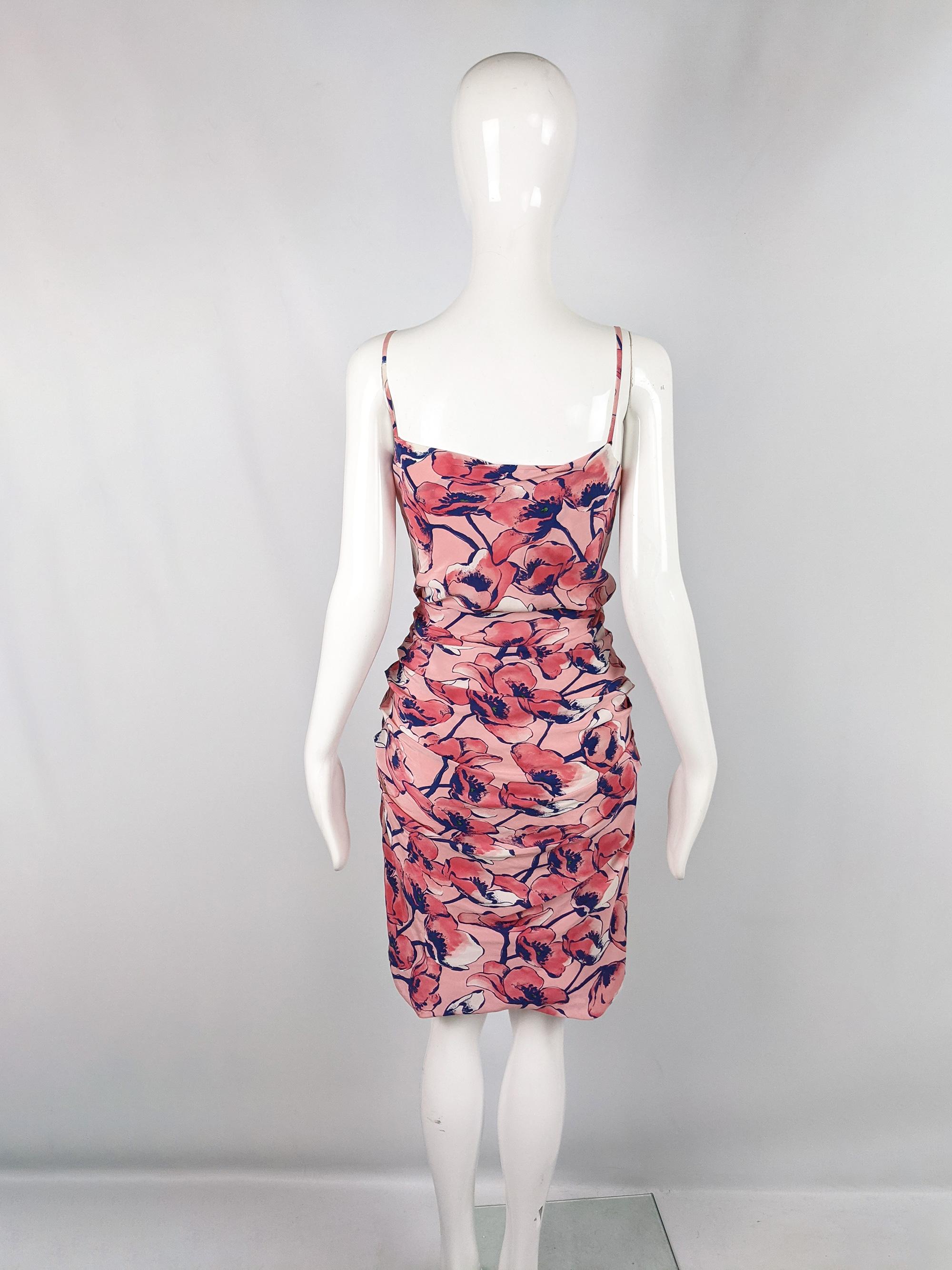 Moschino Pink Silk Vintage Ruched Flower Print Sleeveless Party Dress, 2000s  For Sale 1