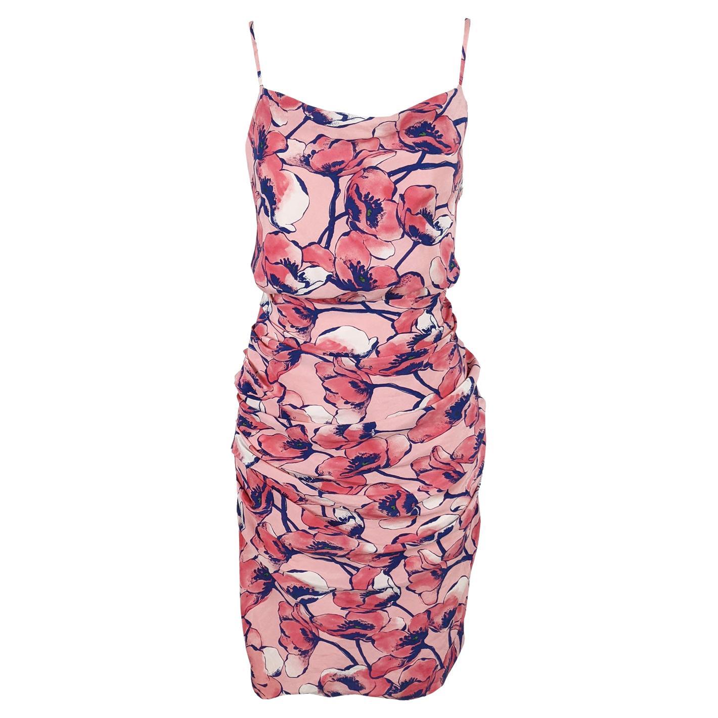 Moschino Pink Silk Vintage Ruched Flower Print Sleeveless Party Dress, 2000s  For Sale