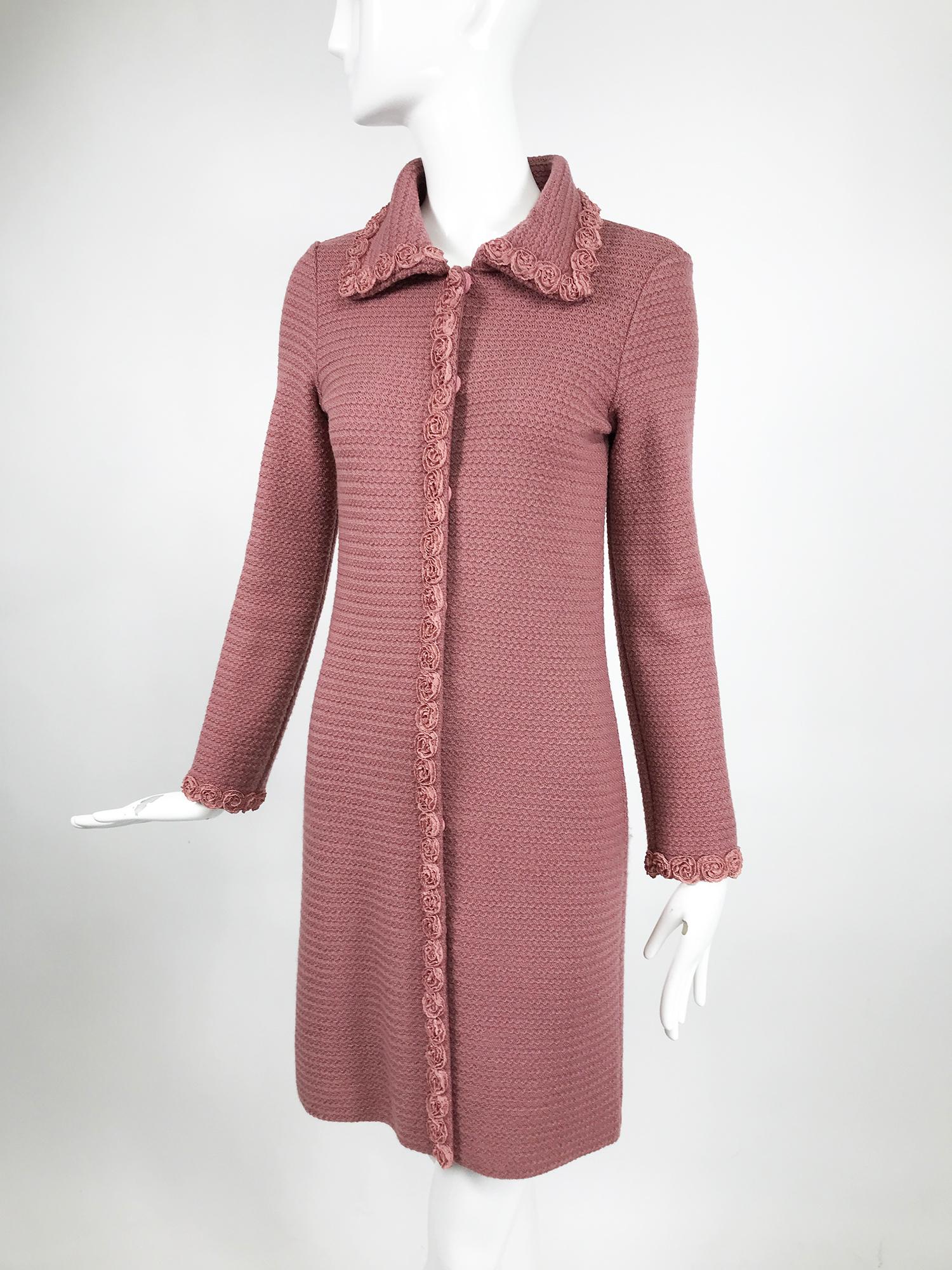 Moschino Pink Wool Knit Coat with Rosette Lace Trims 5