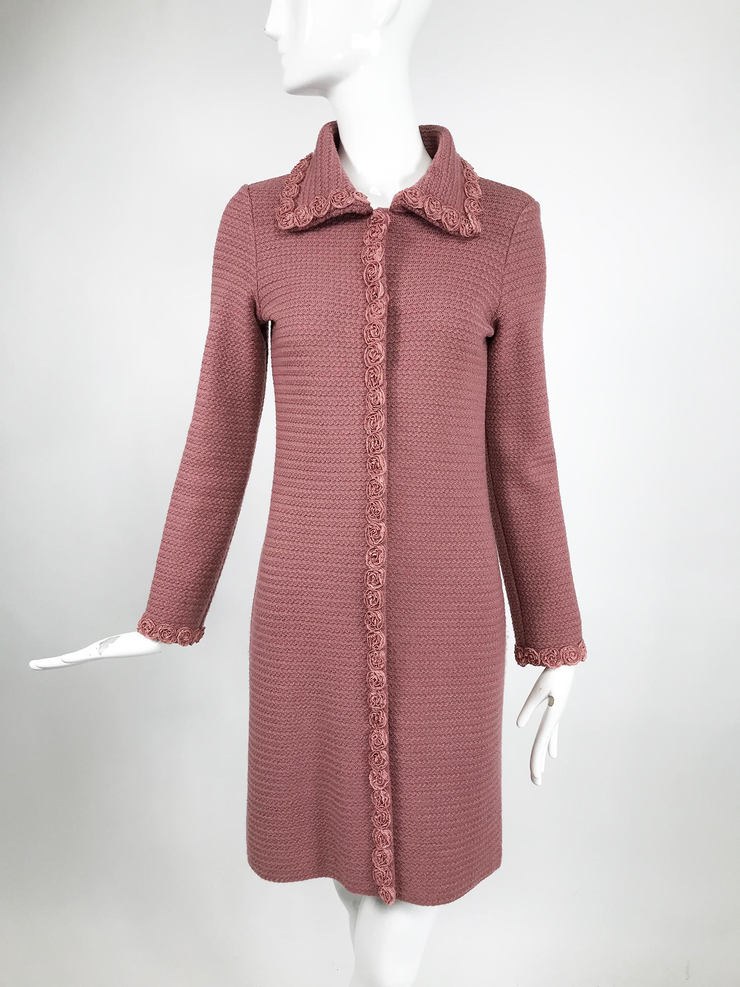Moschino Pink Wool Knit Coat with Rosette Lace Trims 6