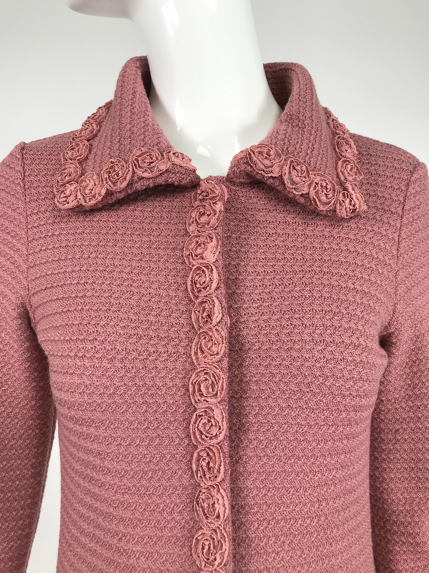 Moschino Pink Wool Knit Coat with Rosette Lace Trims 7