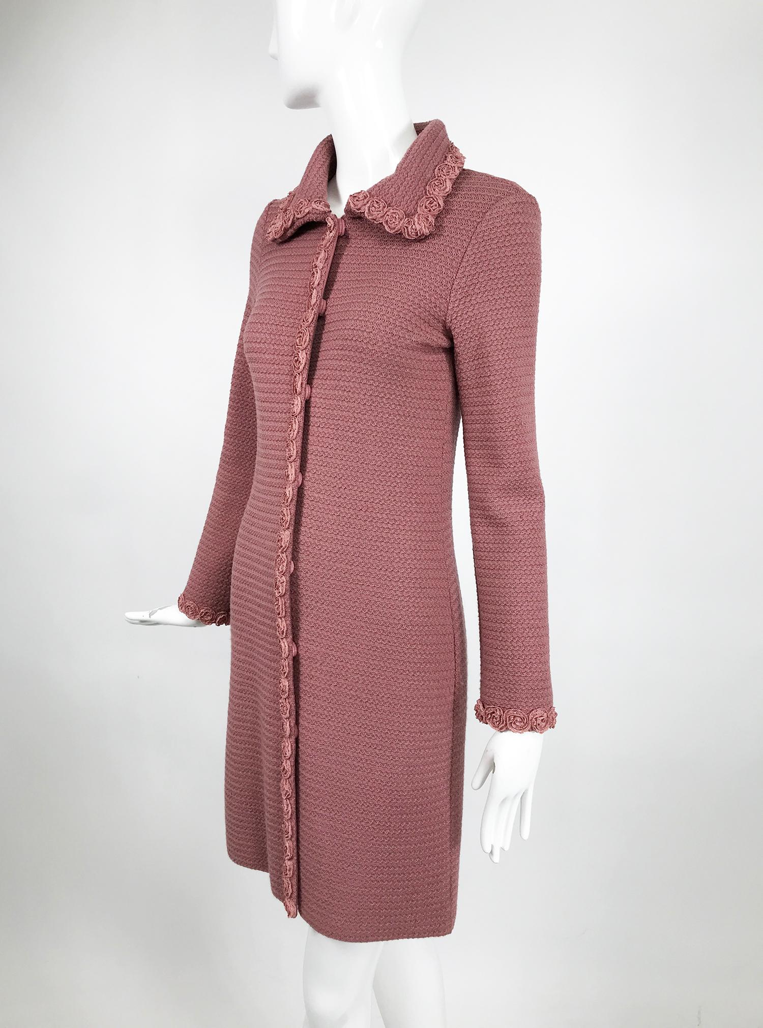 Moschino Pink Wool Knit Coat with Rosette Lace Trims 4