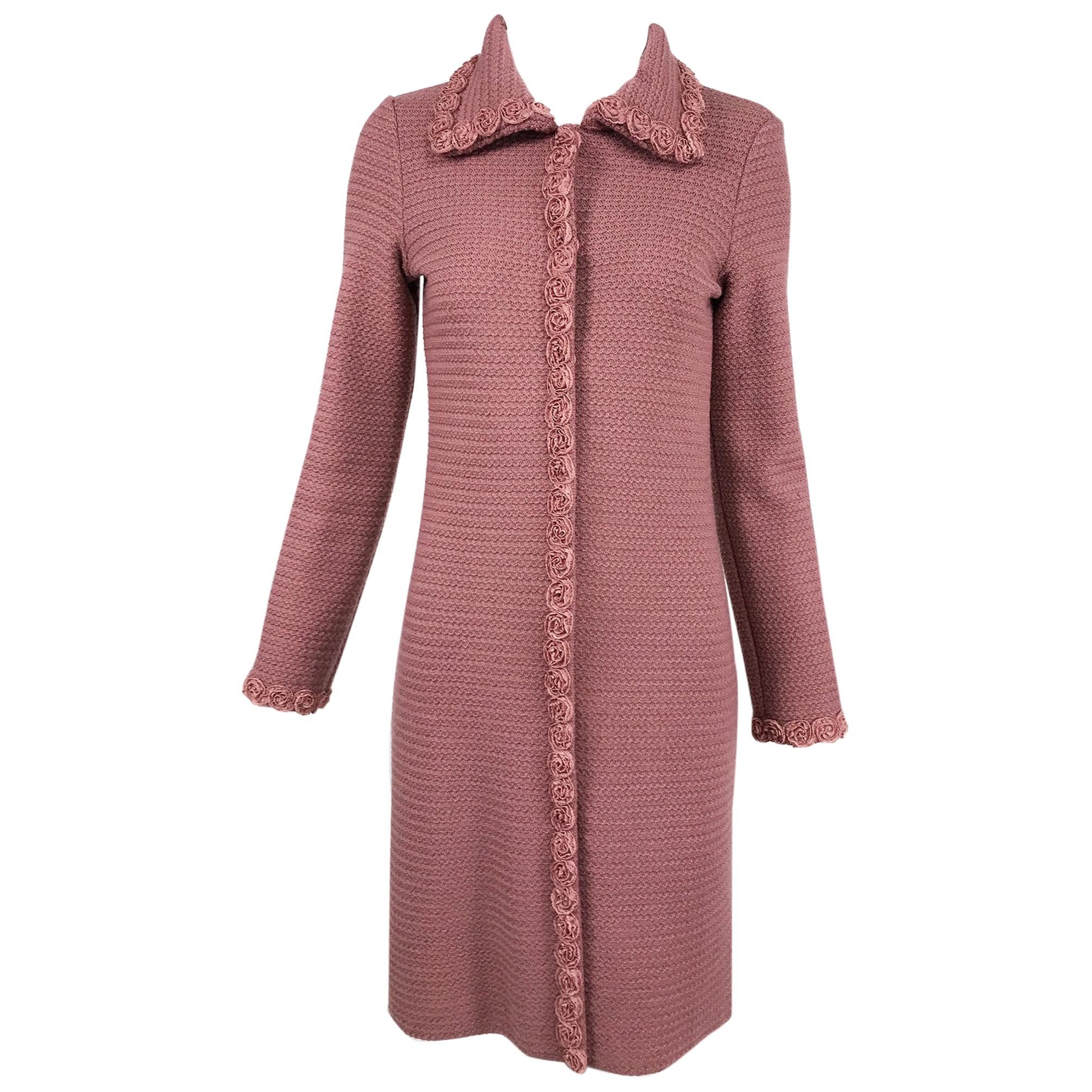 Moschino Pink Wool Knit Coat with Rosette Lace Trims