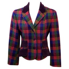 Vintage Moschino Plaid Wool Blazer Velvet Trim