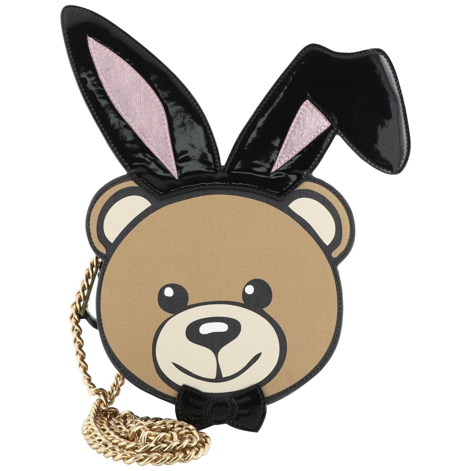 Moschino Playboy Bear Chain Crossbody Bag Leather with Patent Small