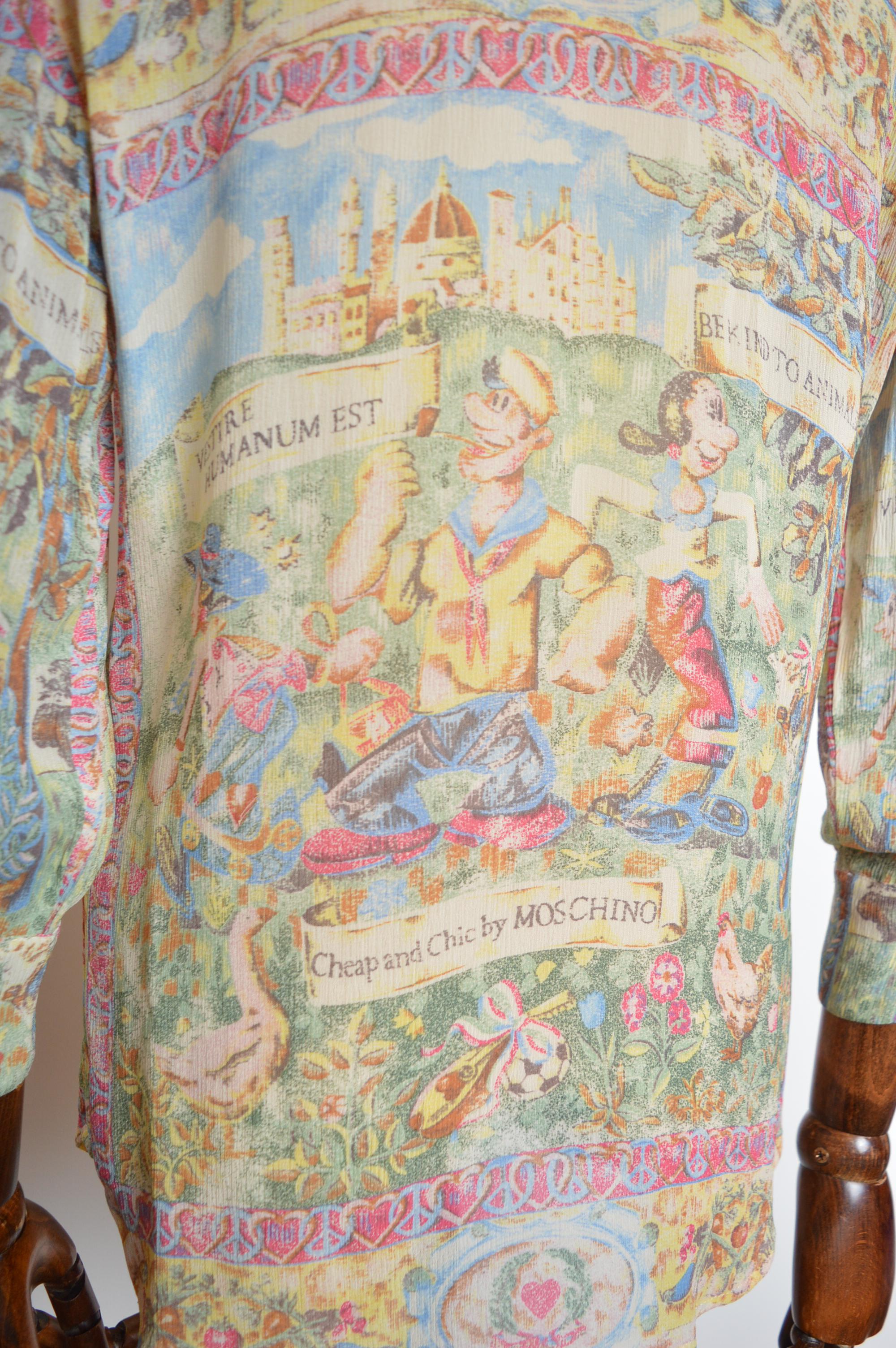 Moschino Popeye & Olive Oil Cartoon 1990s Loud Buntes Hemd mit Pastelldruck im Angebot 6