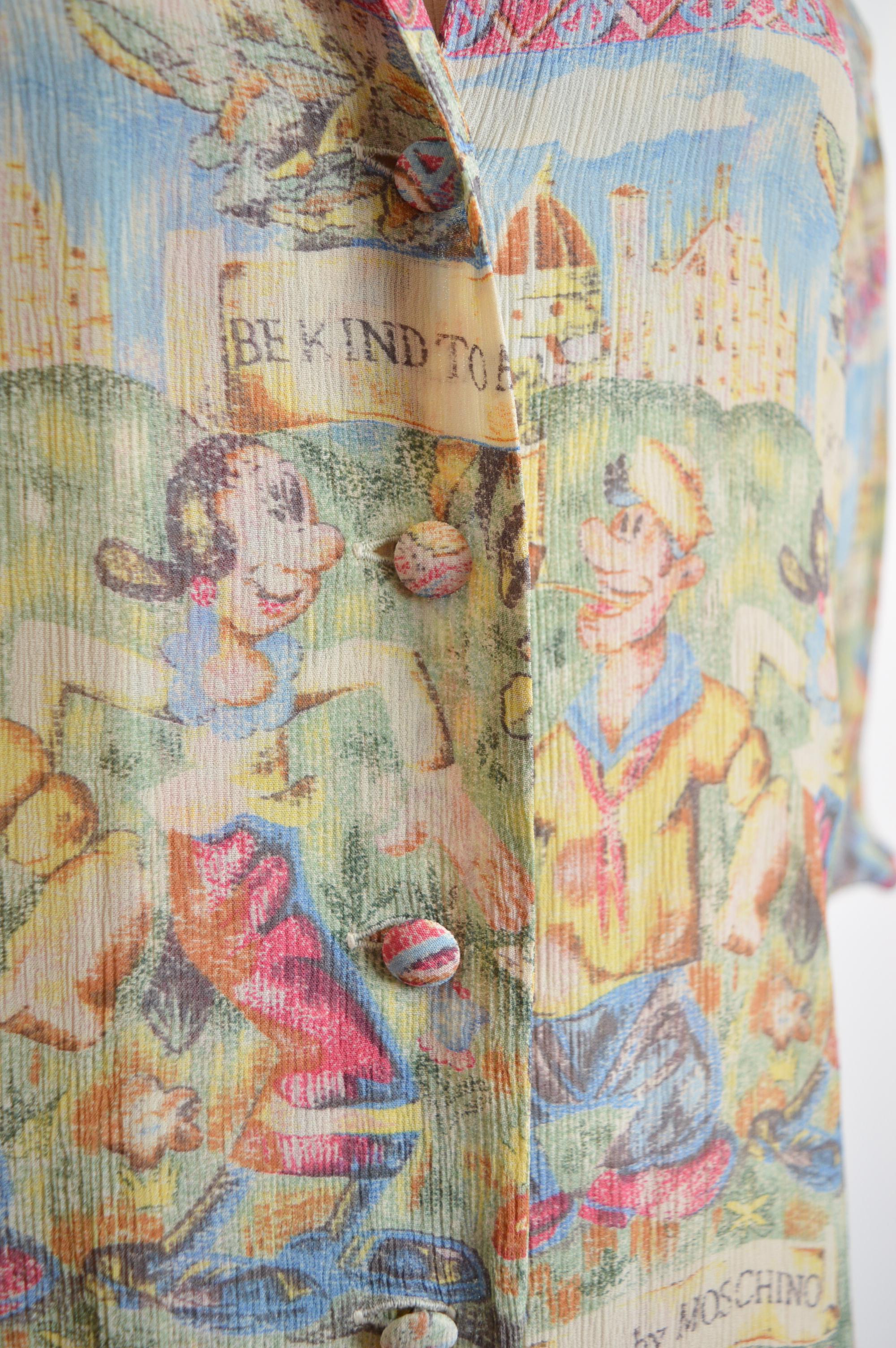 Moschino Popeye & Olive Oil Cartoon 1990s Loud Buntes Hemd mit Pastelldruck im Zustand „Gut“ im Angebot in Sheffield, GB