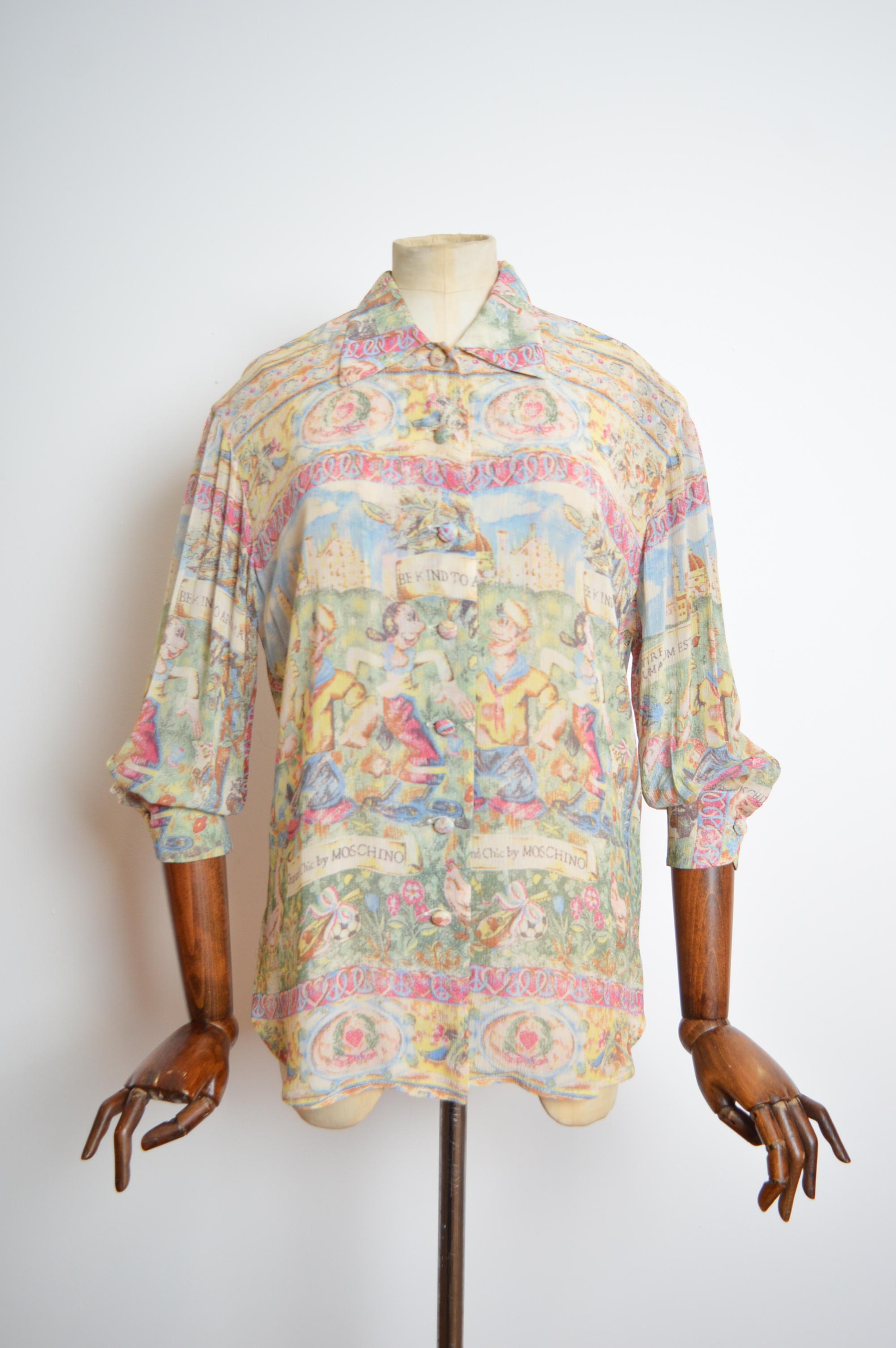 Moschino Popeye & Olive Oil Cartoon 1990s Loud Buntes Hemd mit Pastelldruck im Angebot 3