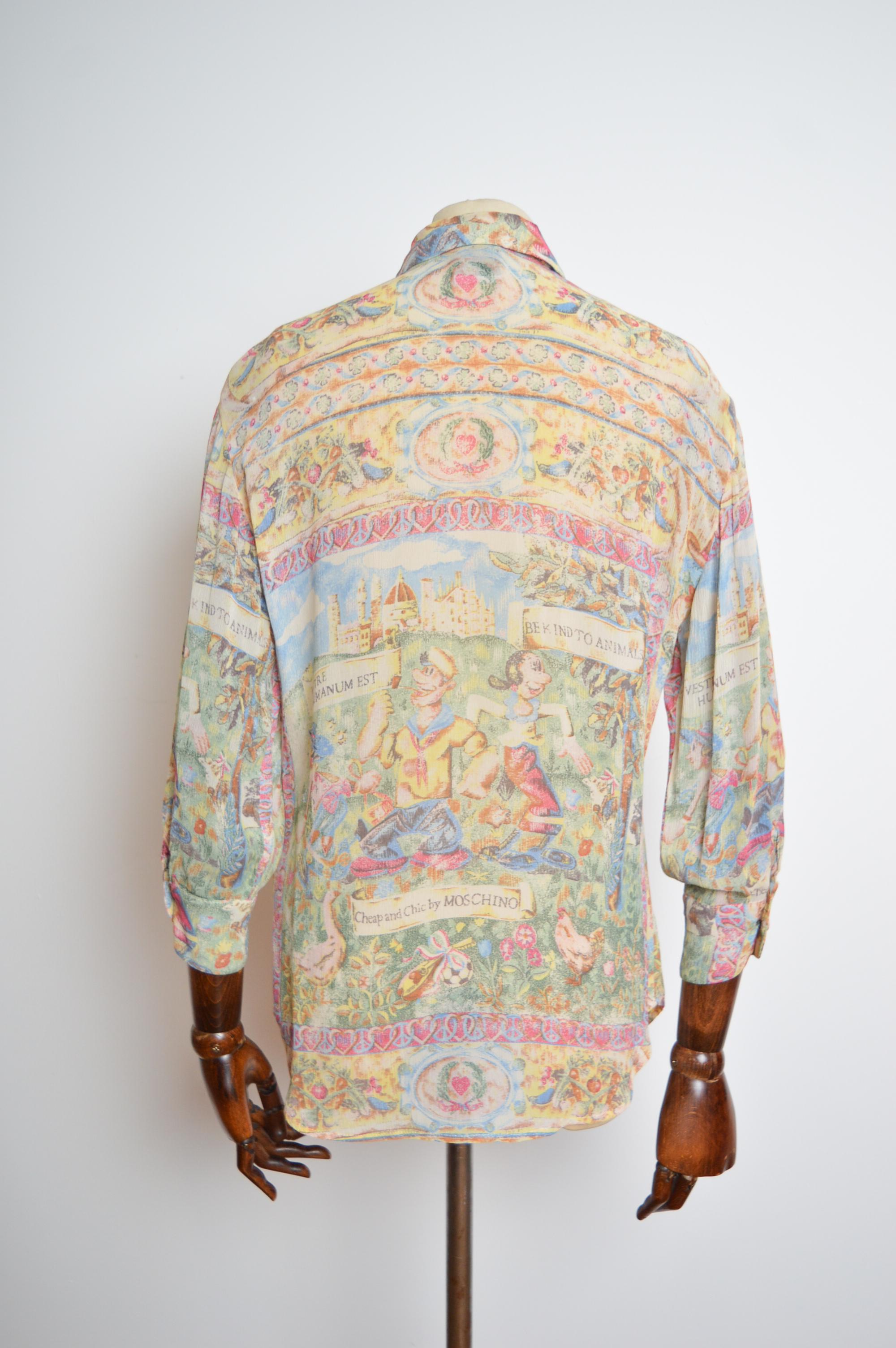 Moschino Popeye & Olive Oil Cartoon 1990s Loud Buntes Hemd mit Pastelldruck im Angebot 4