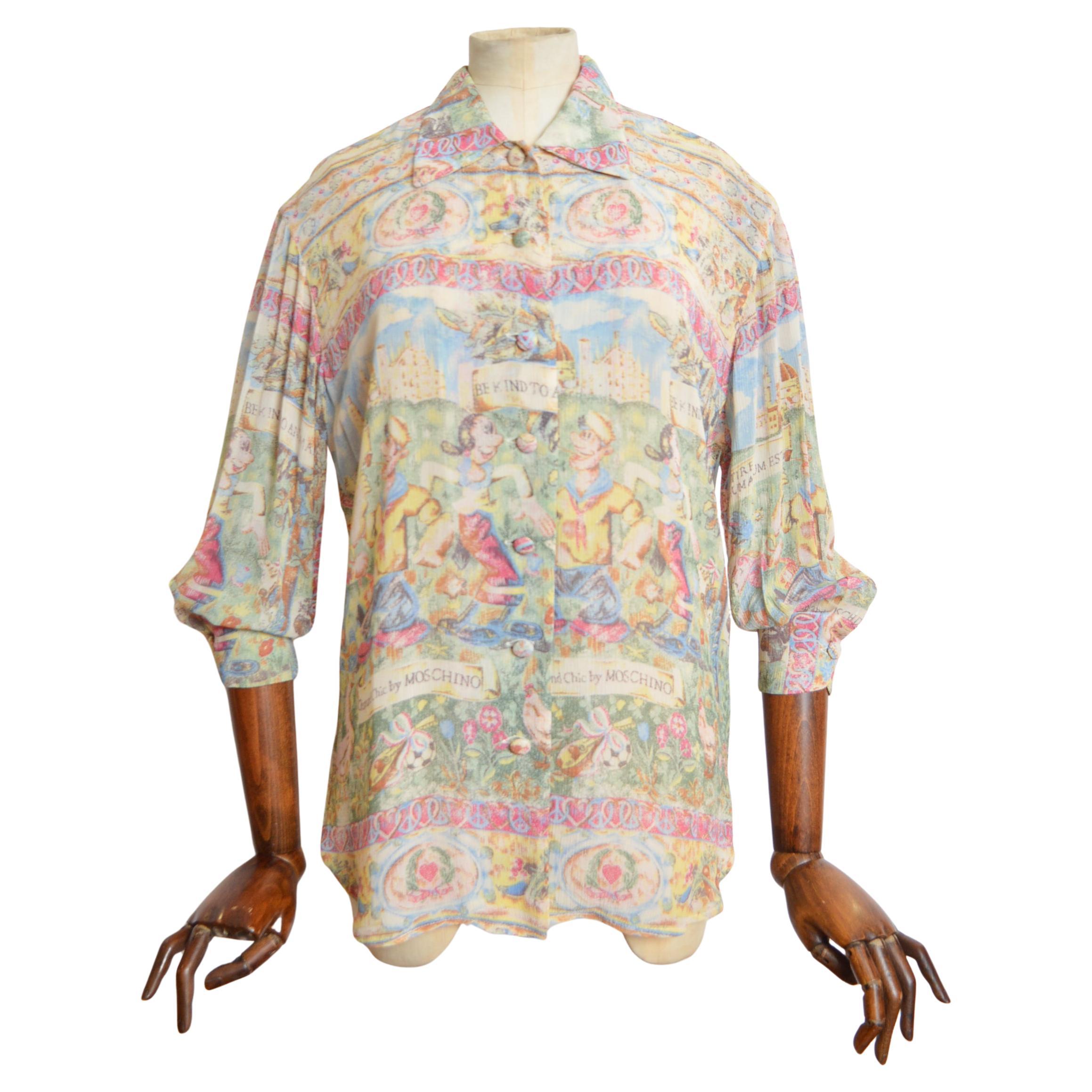 Moschino Popeye & Olive Oil Cartoon 1990s Loud Buntes Hemd mit Pastelldruck im Angebot