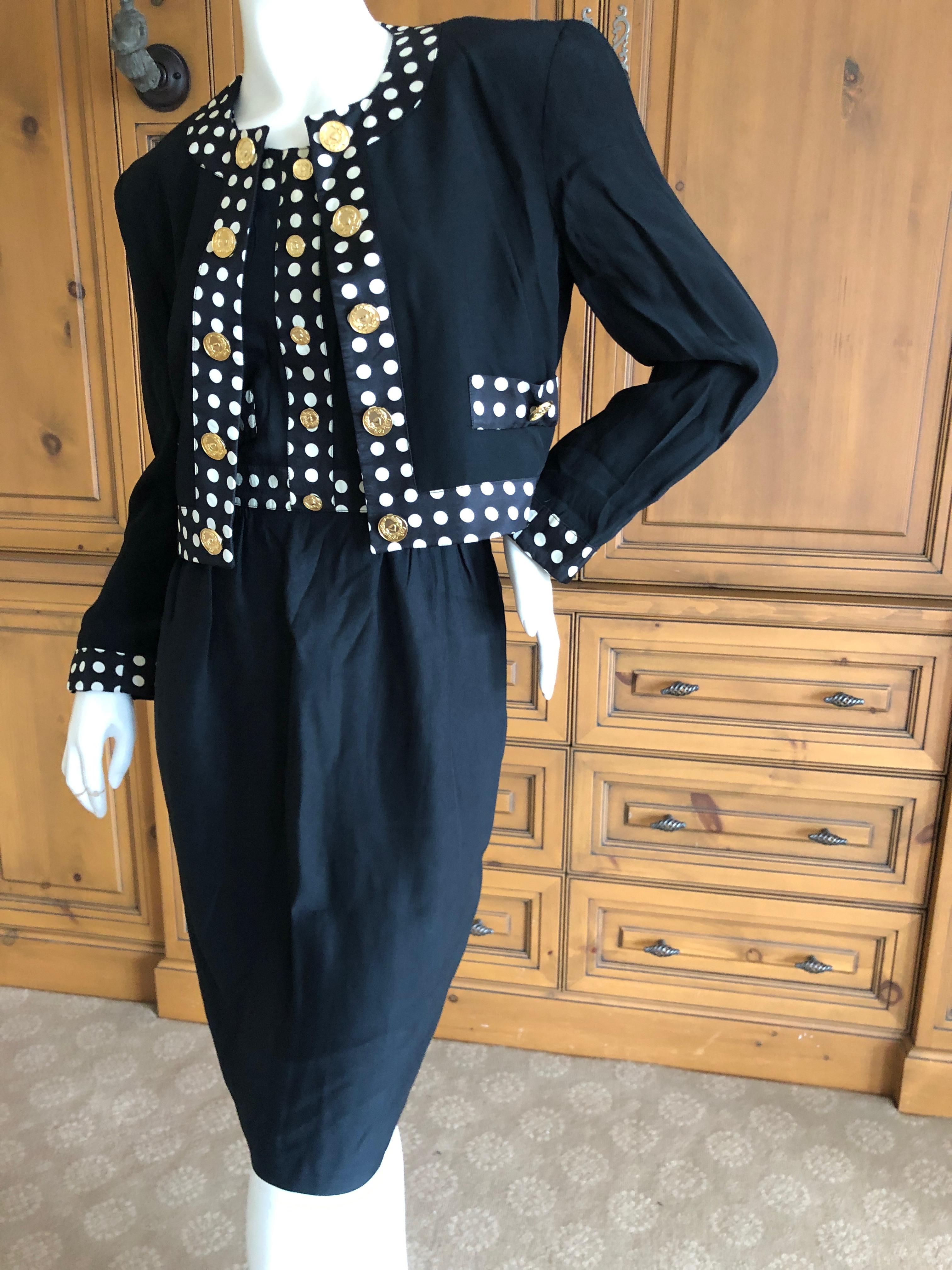 Women's Moschino Pret a Porter Polka Dot '80's Dress Matching Jacket w Bold Gold Buttons