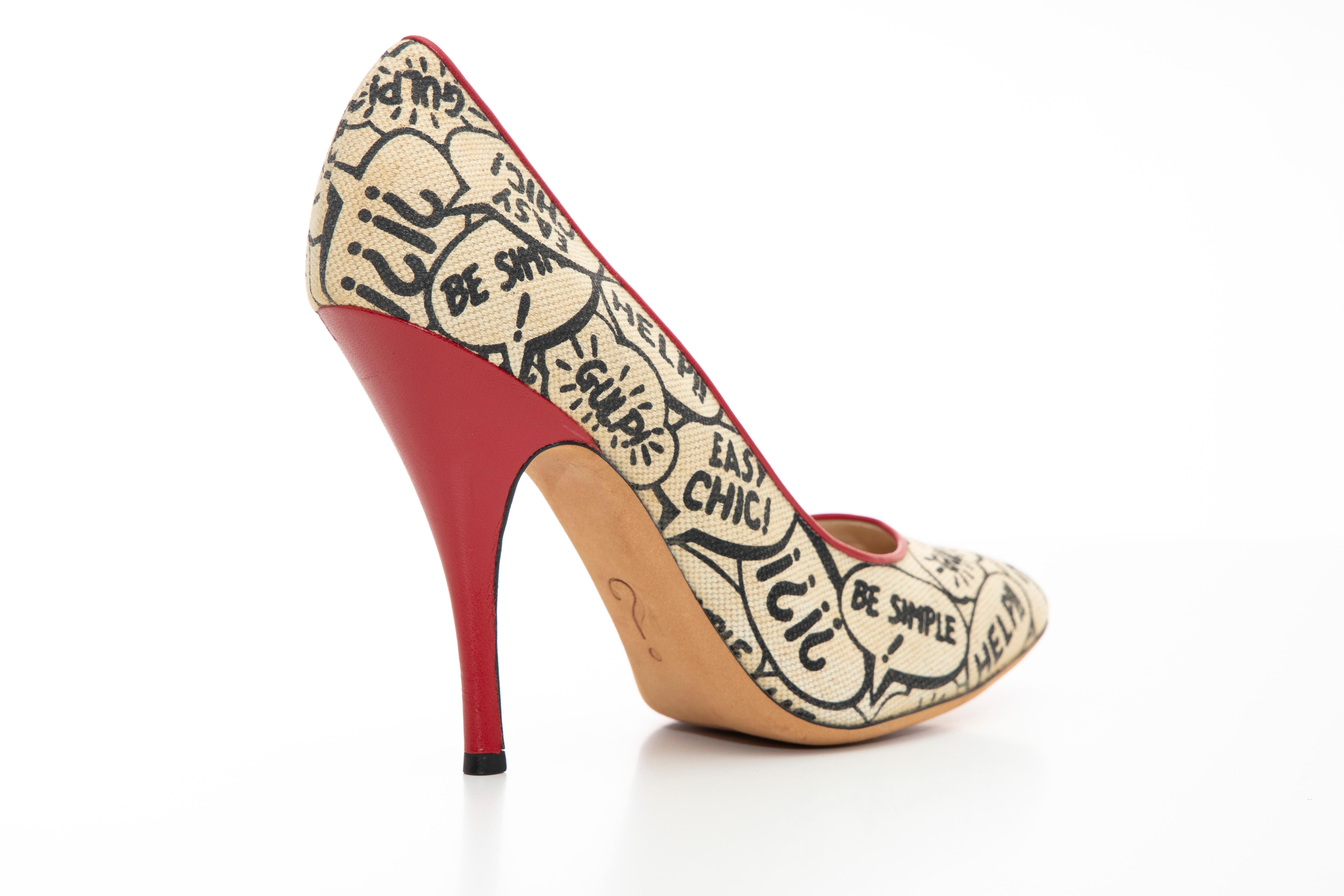 Moschino Printed Stiletto Red Leather Heels & Trim, Circa: 1993 In Excellent Condition In Cincinnati, OH