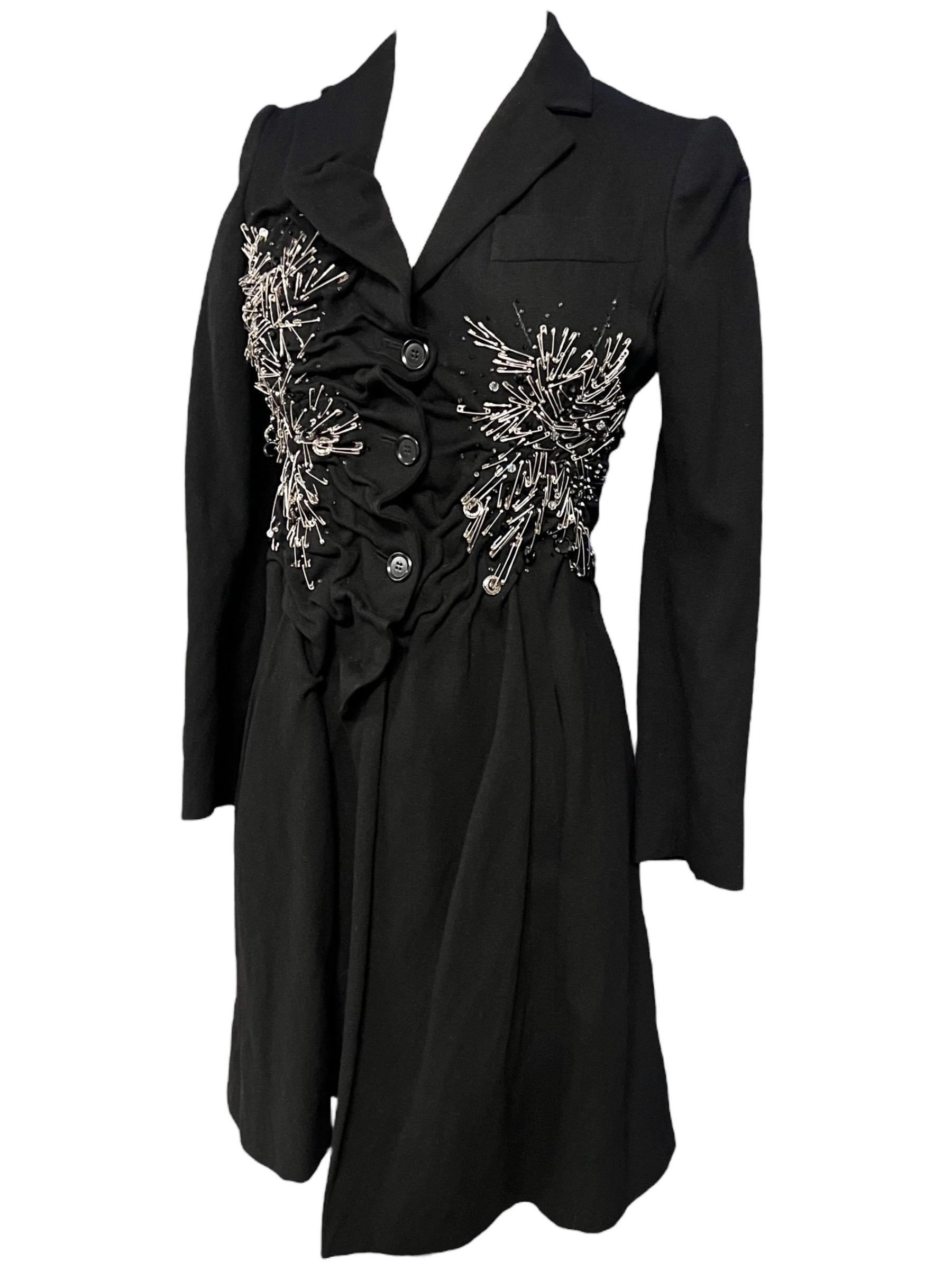 Black Moschino Punk Safety Pin Embellished Wool Coat For Sale