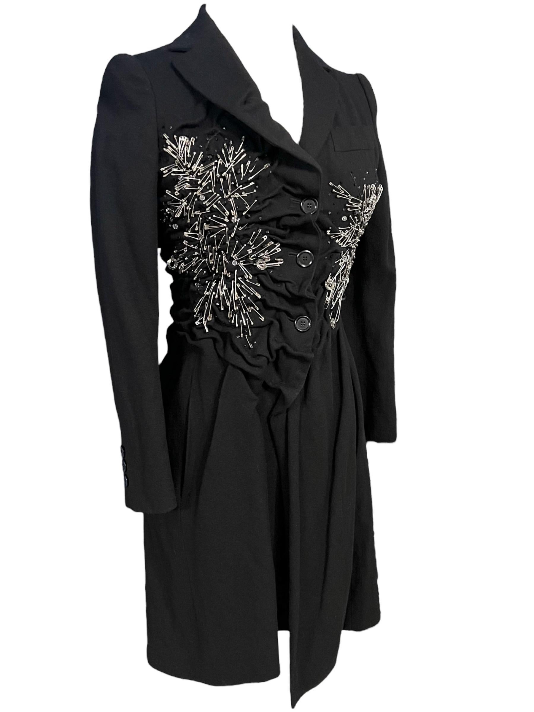 Moschino Punk Safety Pin Embellished Wool Coat In Excellent Condition For Sale In Concord, NC