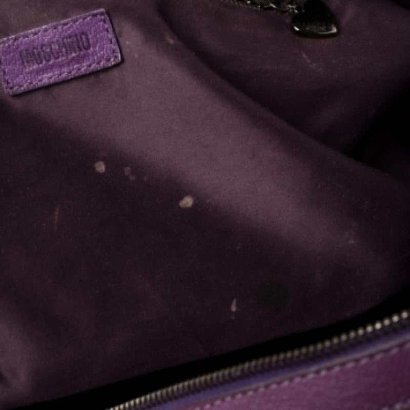 Black Moschino Purple Crinkled Patent Leather Double Zip Pocket Duffel Bag For Sale
