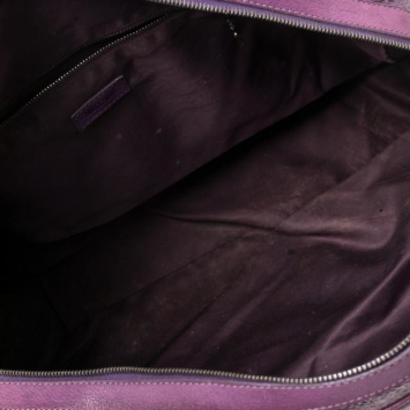 Women's Moschino Purple Crinkled Patent Leather Double Zip Pocket Duffel Bag For Sale