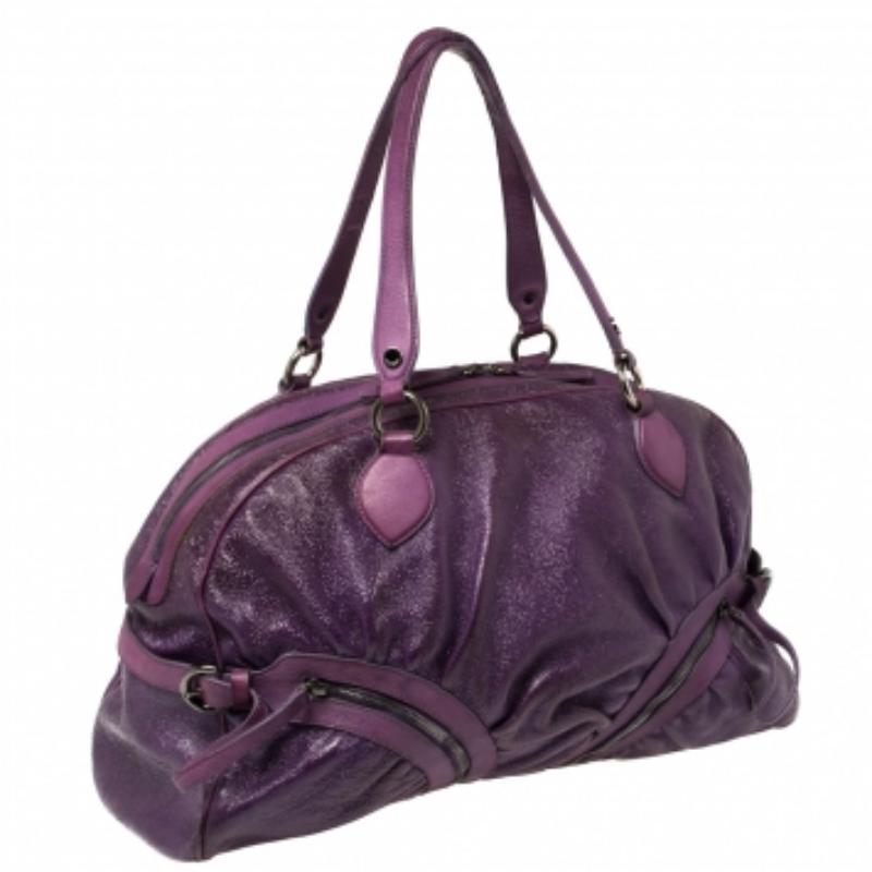 Moschino Purple Crinkled Patent Leather Double Zip Pocket Duffel Bag For Sale 1
