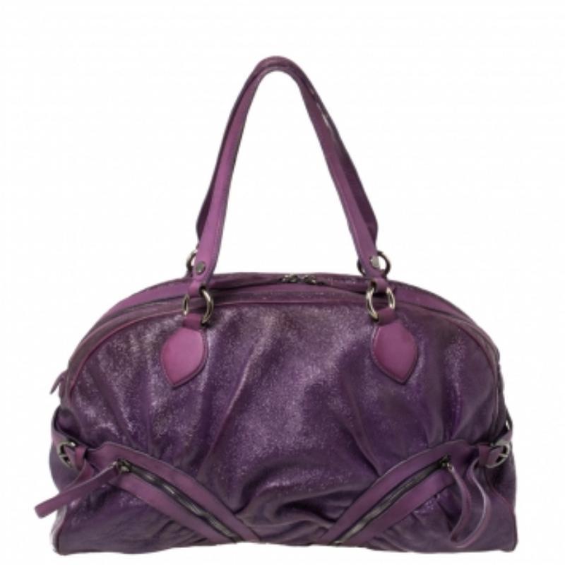 Moschino Purple Crinkled Patent Leather Double Zip Pocket Duffel Bag For Sale 3