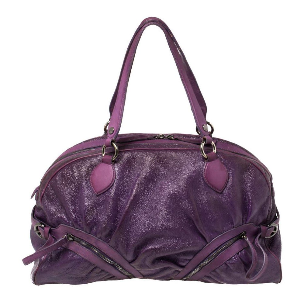 Moschino Purple Crinkled Patent Leather Double Zip Pocket Duffel Bag