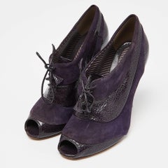 Moschino Purple Suede Textured Leather Lace Up Peep Toe Ankle Booties Size 37.5