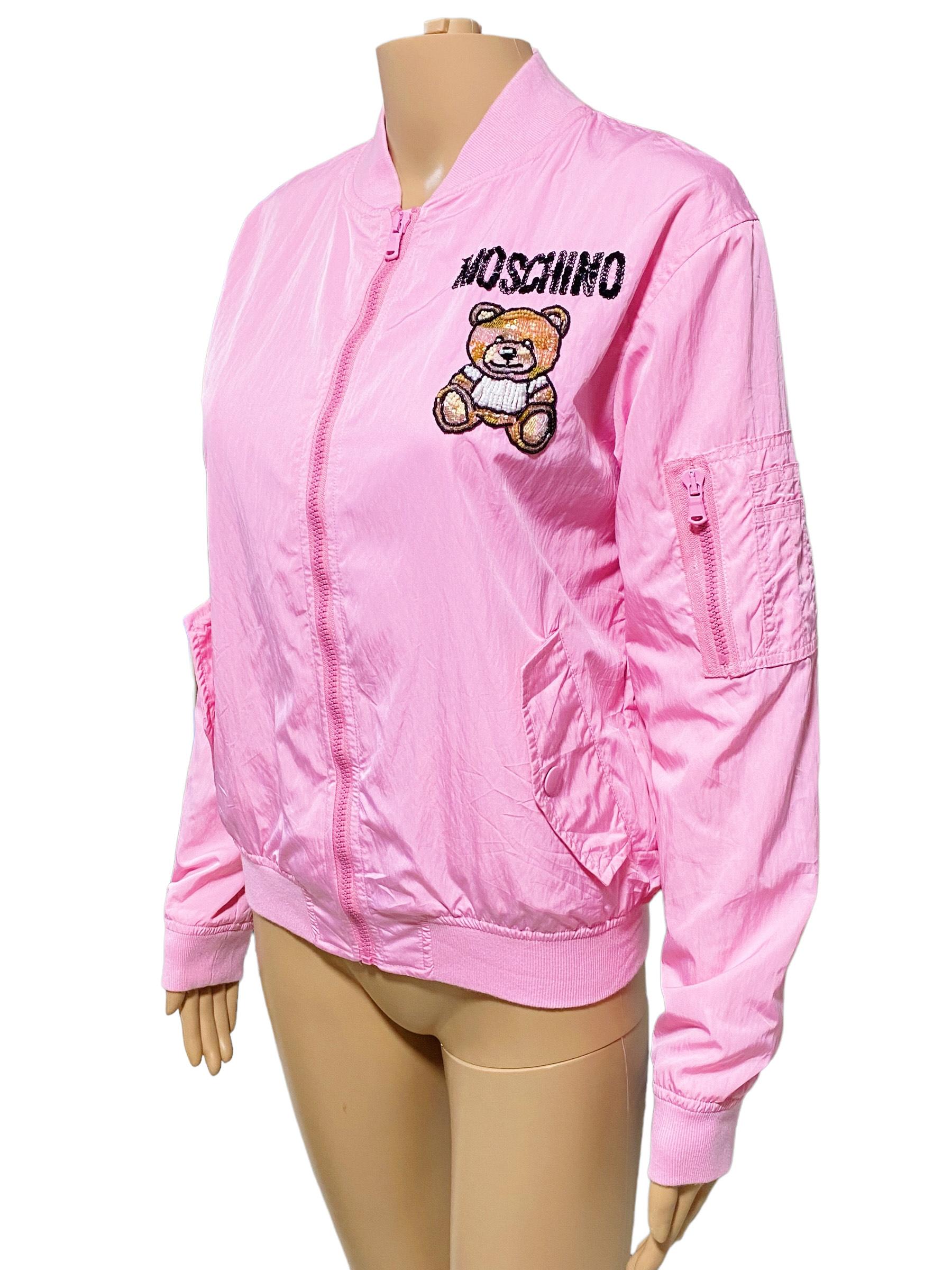 First debuted in 1988 by founder Franco Moschino, the iconic teddy bear is used season after season.
This limited edition sequin teddy bomber jacket from Moschino will give your look the playful touch.
Featuring sequin embroidery, side zipped