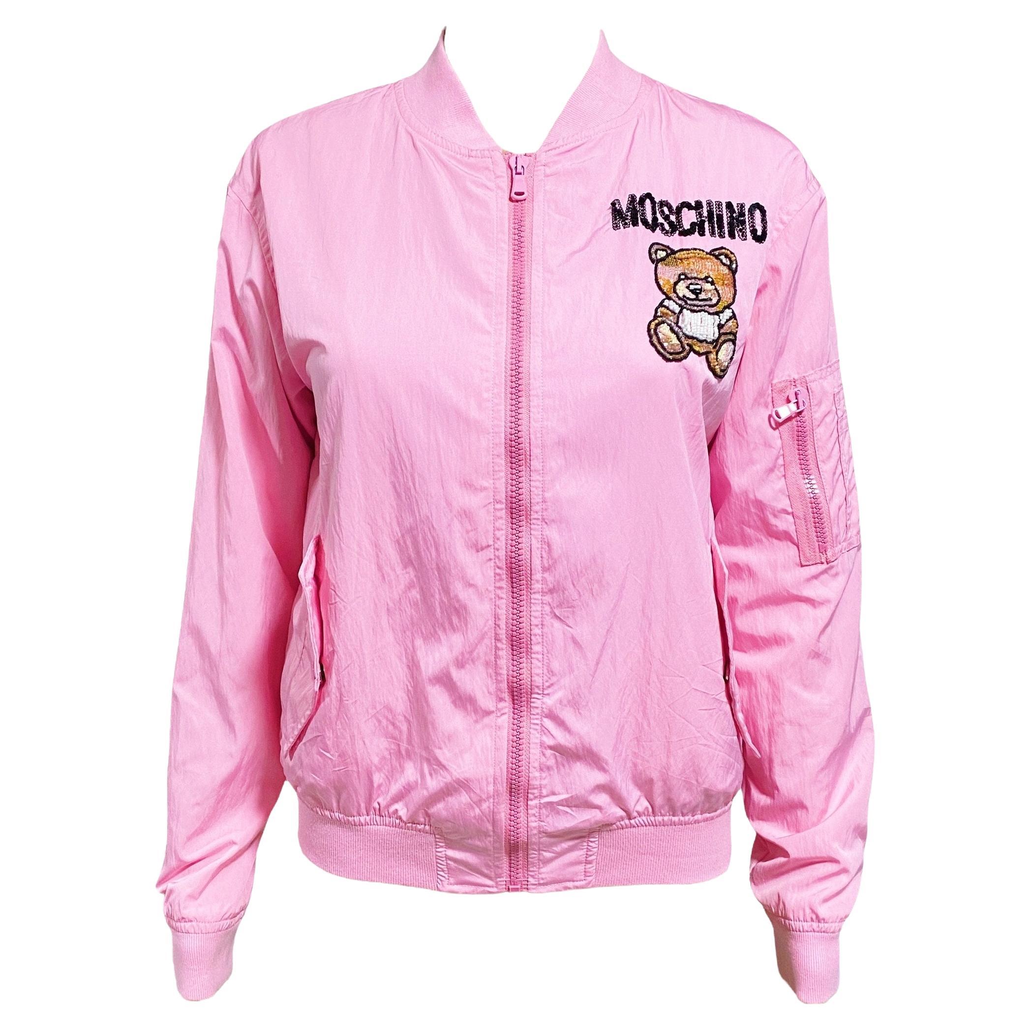 Moschino Rare Sequin Teddy Bomber Jacket in Pink For Sale