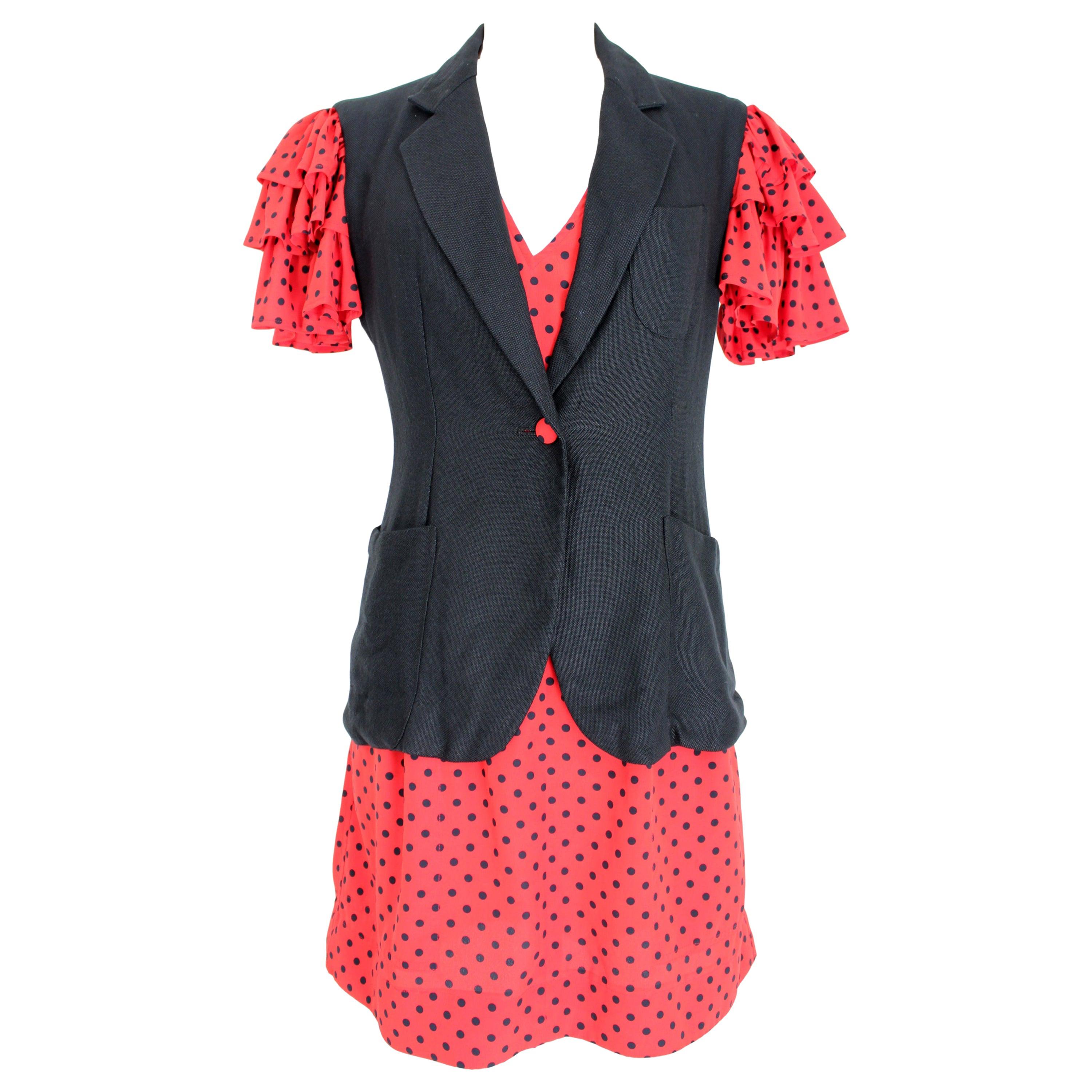 Moschino Red Black Polka Dot Cocktail Jacket and Dress Set 1990s Vintage