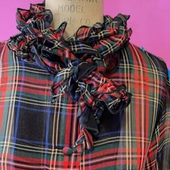 Moschino Red Green Plaid Ruffle Tie Neck Pussy Bow Blouse
