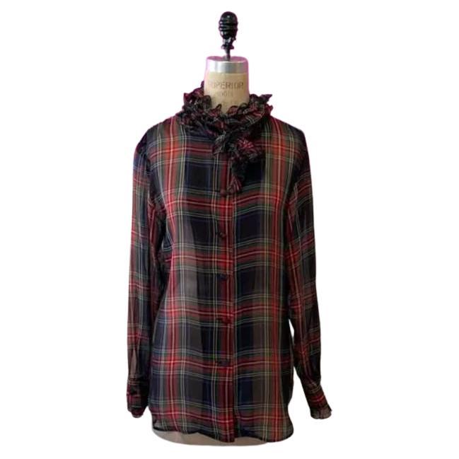 Moschino Red Green Plaid Ruffle Tie Neck Pussy Bow Blouse For Sale