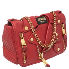 Moschino Red Leather Capsule Biker Jacket Shoulder Bag